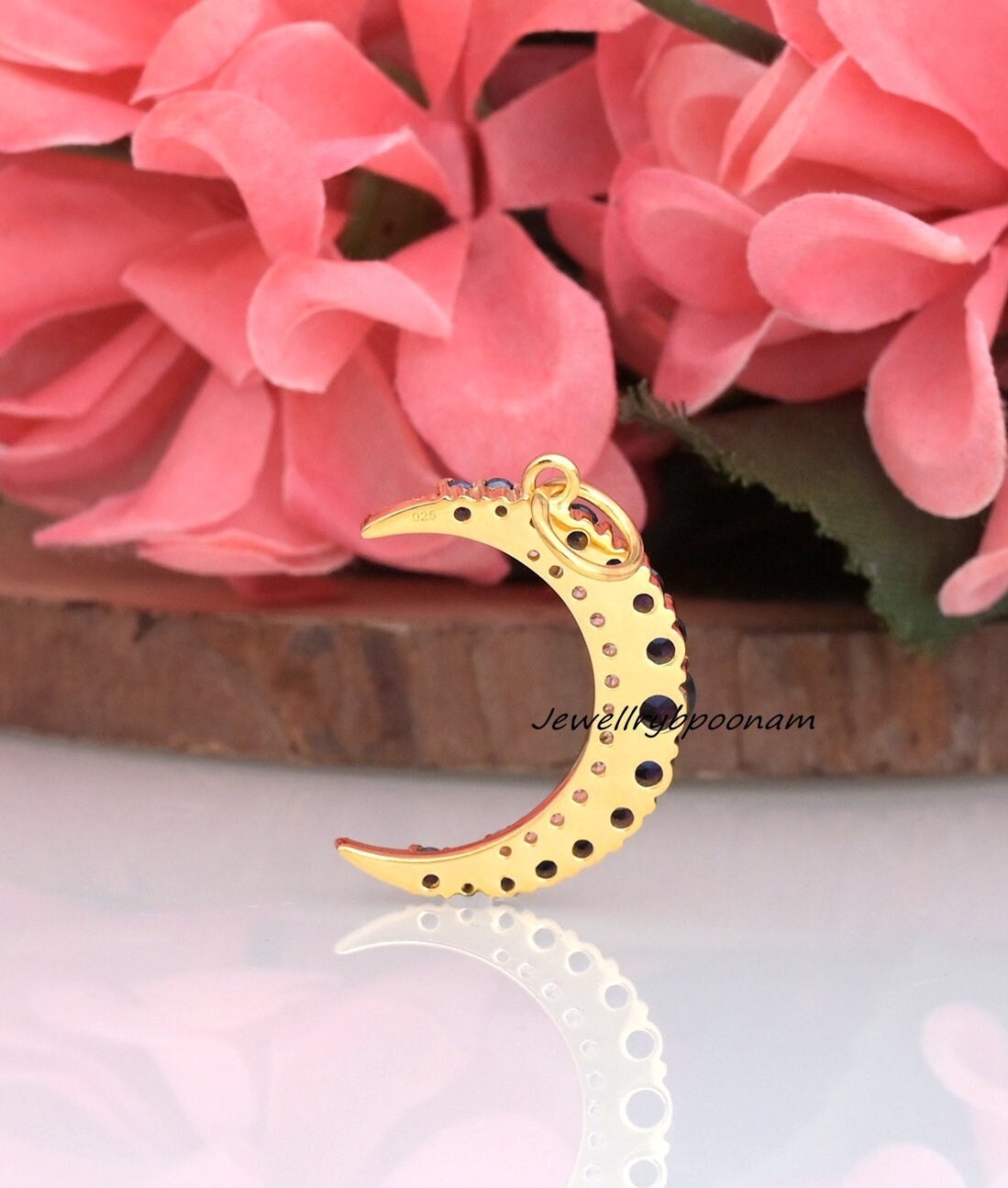 Blue Sapphire Crescent Moon Pendant: Sterling Silver Diamond Jewelry - View 2 - Jewelry By Poonam | SKU: PJP3468-SLYGBSPCZ-35