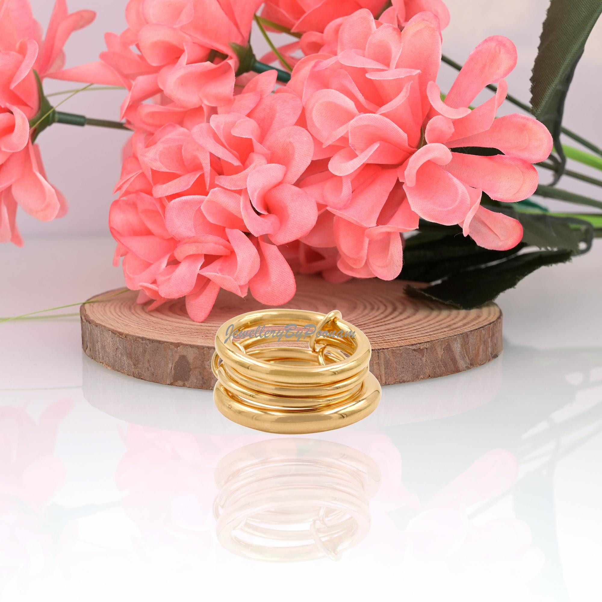14k Yellow Gold Plated Multi-Link Connector Ring; Interlocking Band Style Ring - Jewelry By Poonam | SKU: MJR1020- 2/26