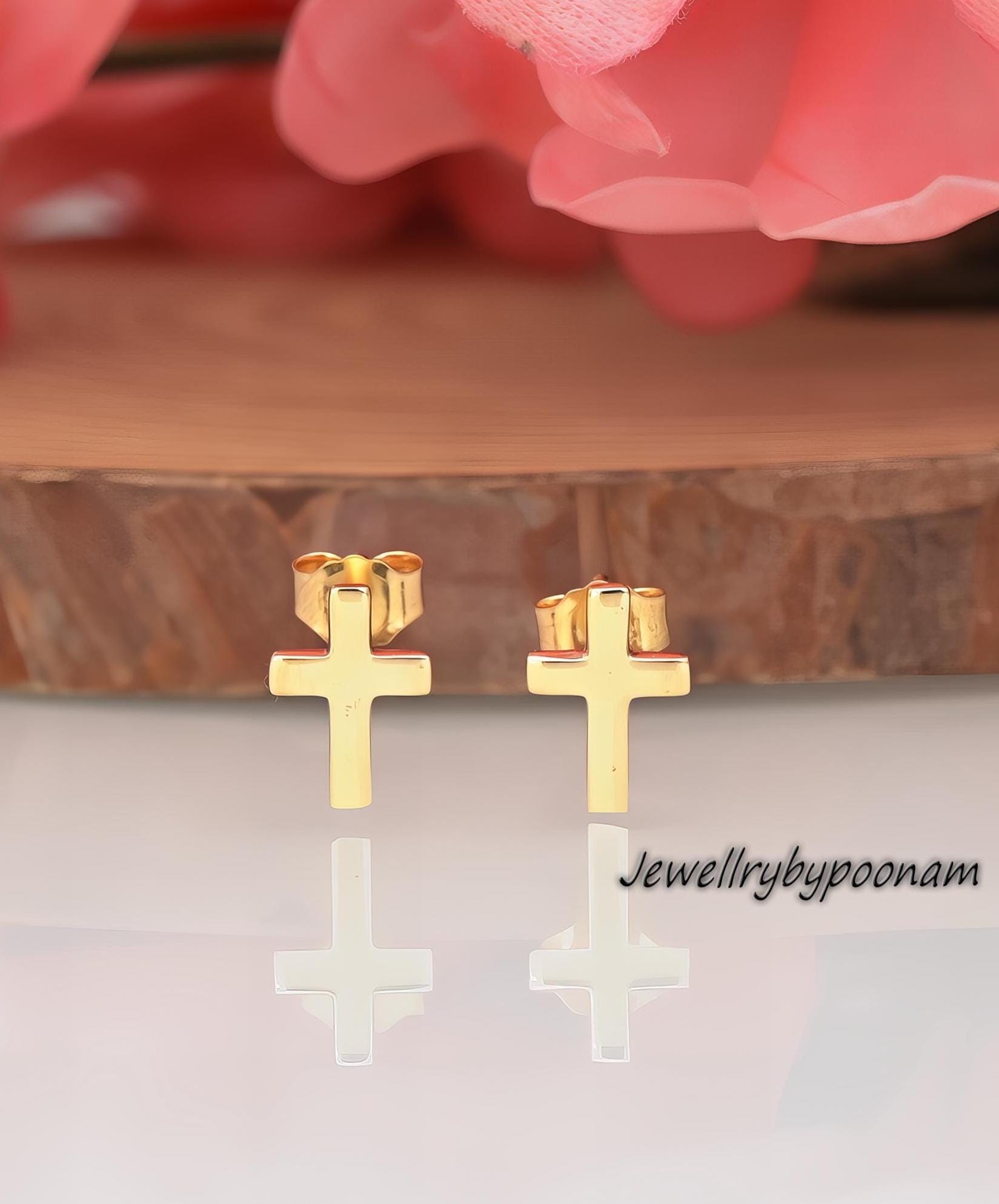 9k/14k & 925 Sterling Silver Cross Stud Earrings: Dainty Handmade Jewelry - Jewelry By Poonam | SKU: PJE1662-14KYG-10M 2/202