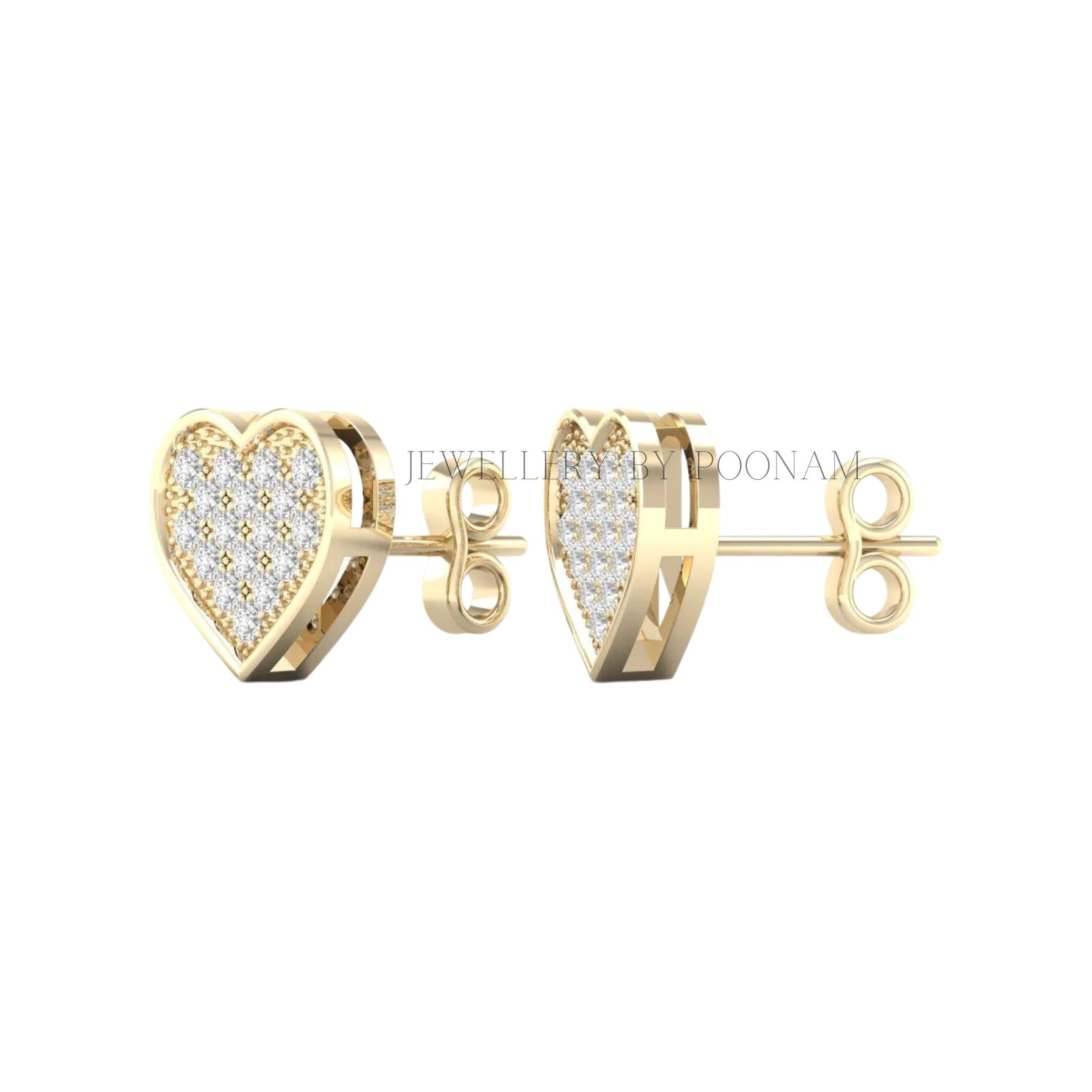 9K/14K Yellow Gold & 925 Sterling Silver Diamond Heart Earrings: Moissanite Studs - View 3 - Jewelry By Poonam | SKU: E-131