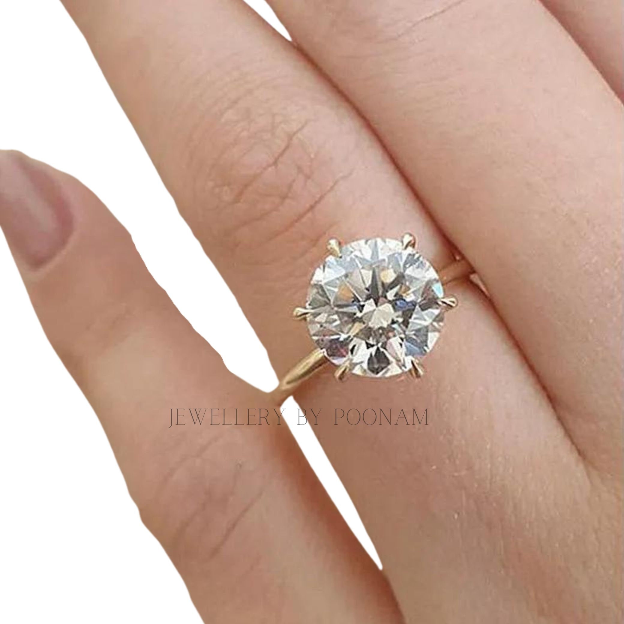 925 Silver Round Cut Solitaire Ring – Yellow Gold Plated Classic Engagement Ring for Women - View 4 - Jewelry By Poonam | SKU