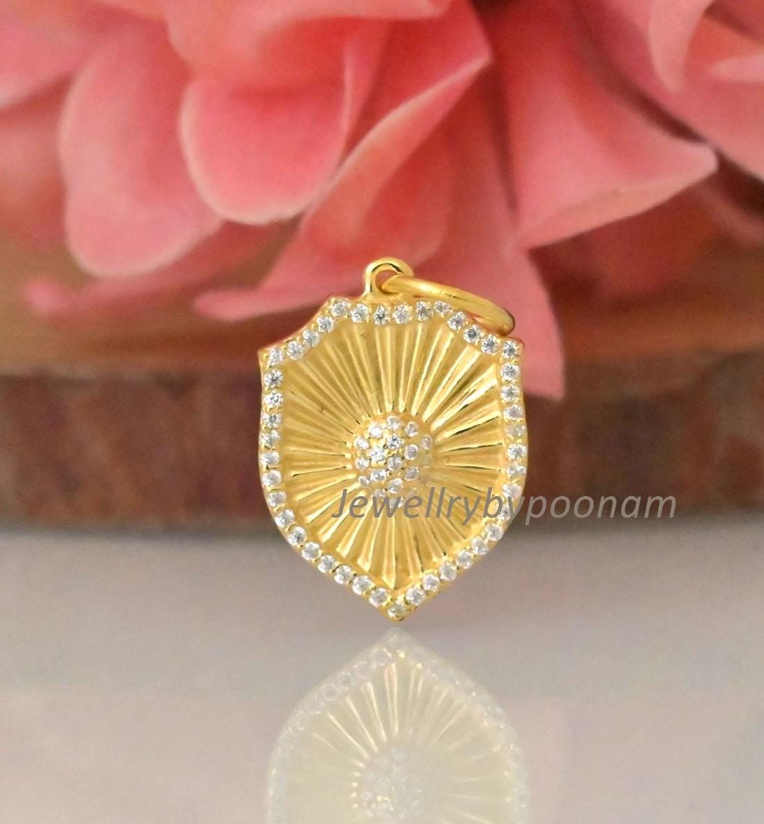 14k Gold Diamond Shield Pendant: Sterling Silver Medallion Charm - Jewelry By Poonam | SKU: PJP4851-SLYGCZ-25M 2/26