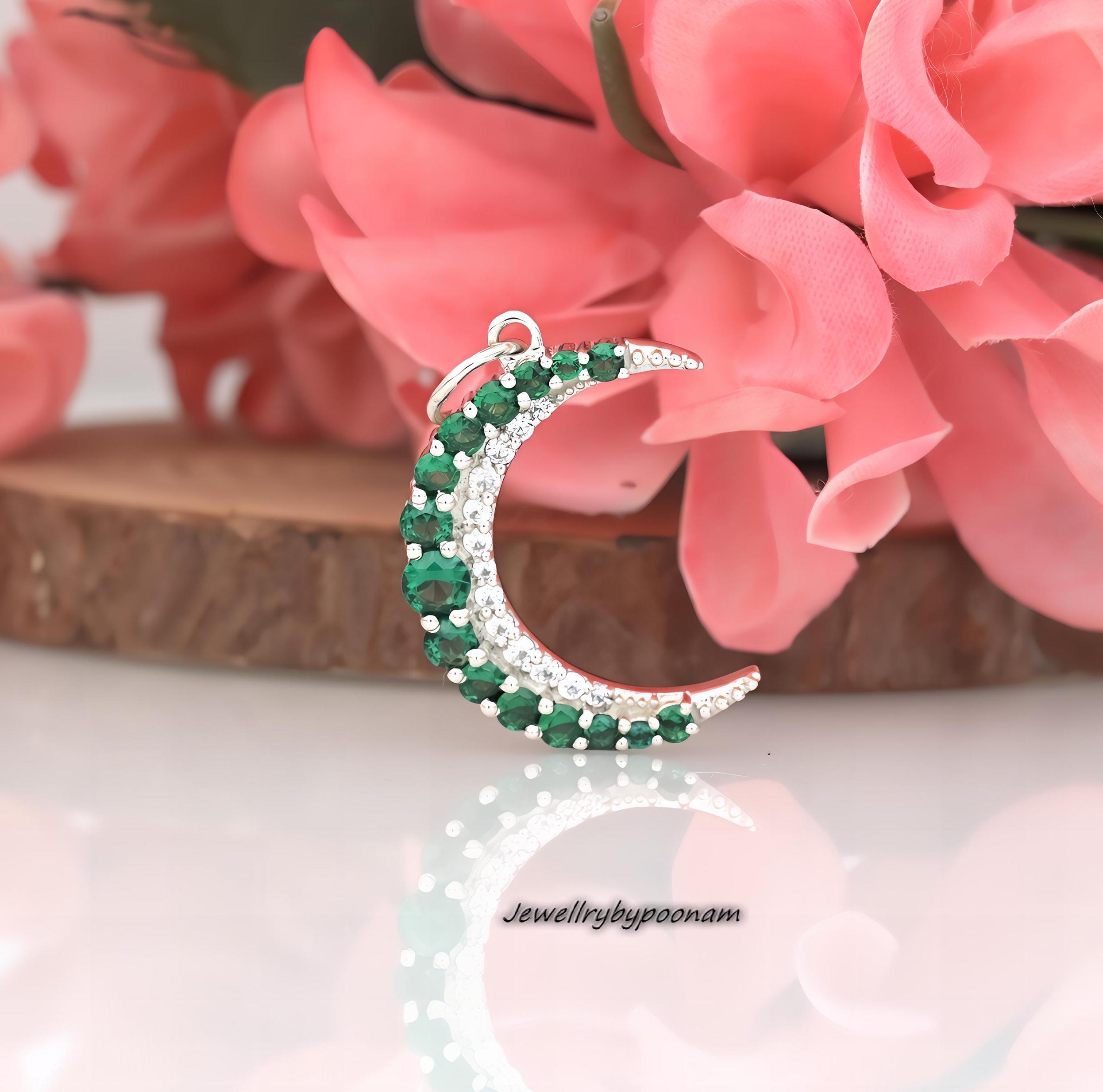 Blue Sapphire Crescent Moon Pendant: Sterling Silver Diamond Jewelry - View 5 - Jewelry By Poonam | SKU: PJP3468-SLYGBSPCZ-35