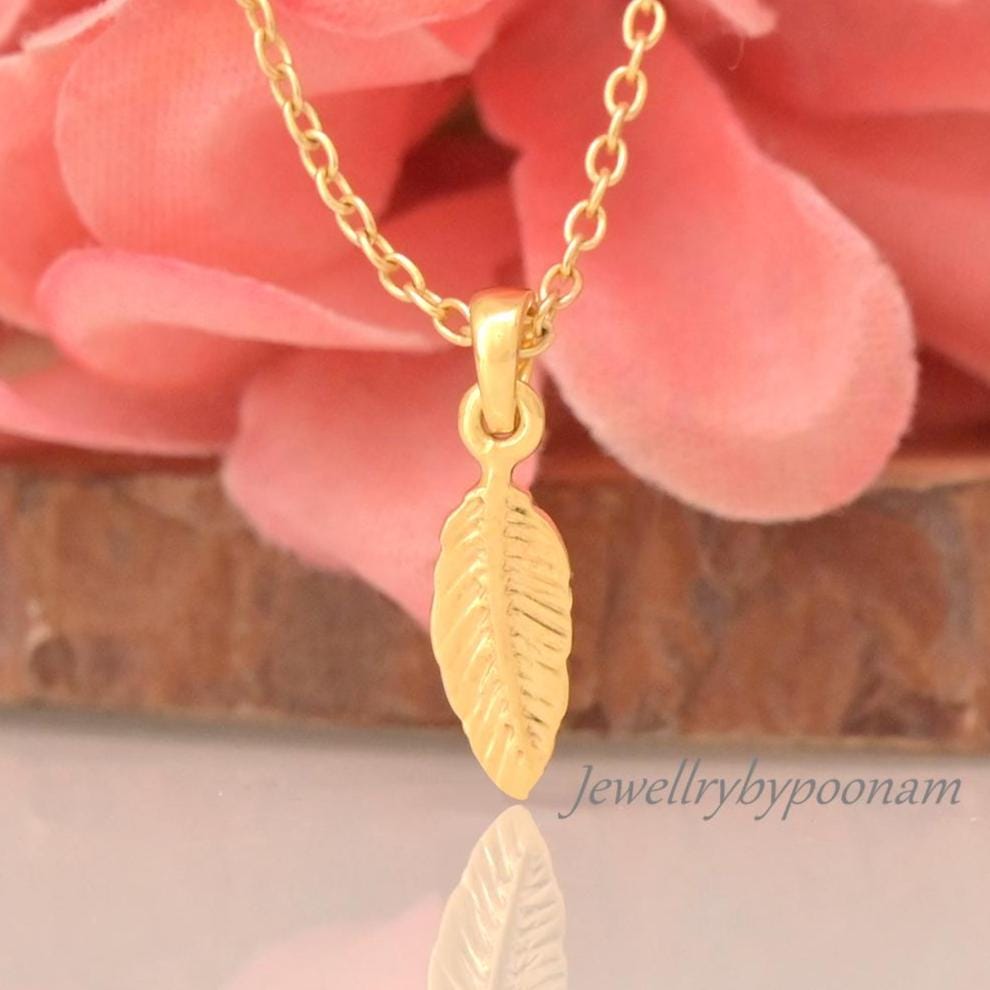 14k Gold Plated Feather Pendant: Sterling Silver Feather Pendant. Feather Charm Necklace - Jewelry By Poonam | SKU: PJP5066-S