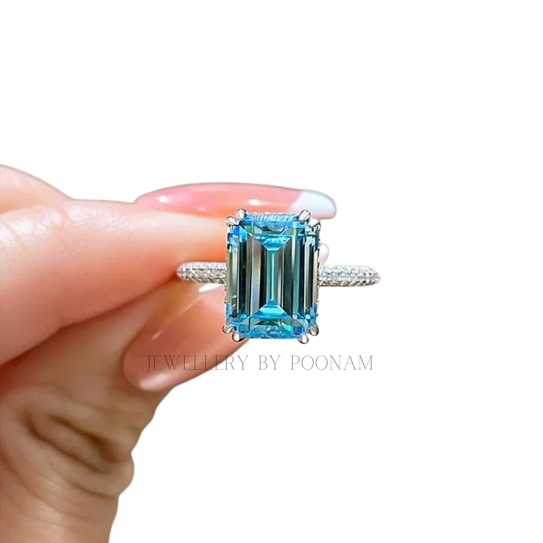 925 Silver Emerald-Cut Aquamarine Ring – Luxury Sterling Silver Engagement & Wedding Jewelry - View 3 - Jewelry By Poonam | S