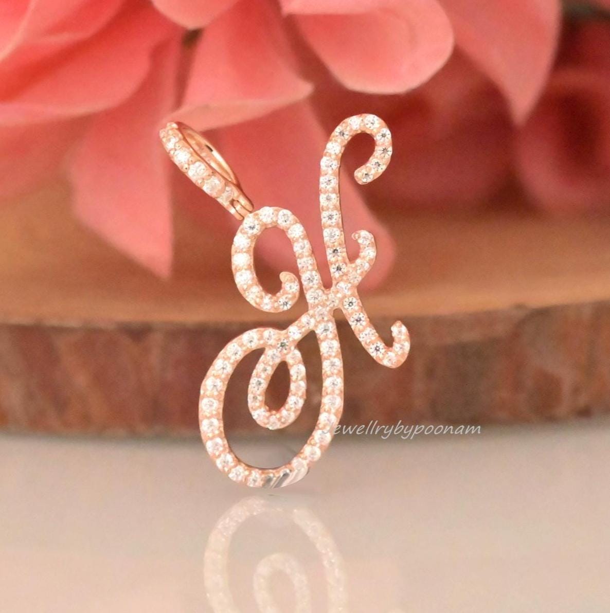 14k Gold Plated Moissanite Diamond Letter Pendant: Sterling Silver Charm - View 2 - Jewelry By Poonam | SKU: PJP4835-SLRGMN-H
