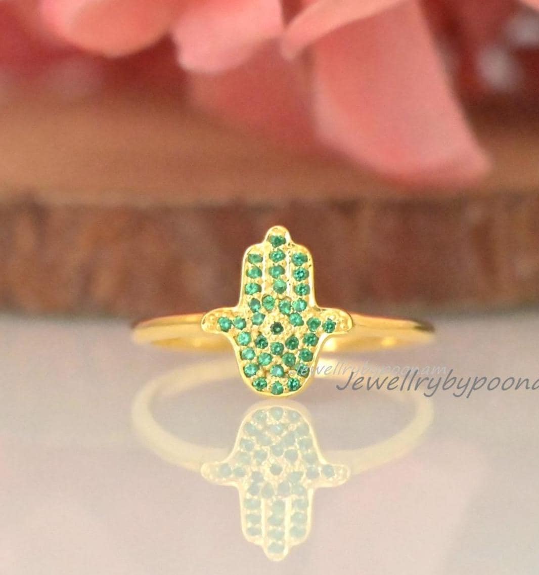 14k Gold Plated Hamsa Ring: CZ Diamond Stackable Band - Jewelry By Poonam | SKU: PJR2973-SLYGEM-US-10