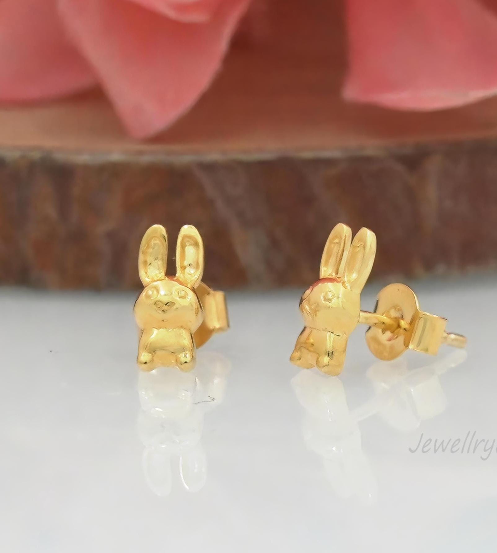9k/14k Gold & 925 Sterling Silver Bunny Stud Earrings — Tiny Rabbit Jewelry - View 3 - Jewelry By Poonam | SKU: PJE1710-SLYG-