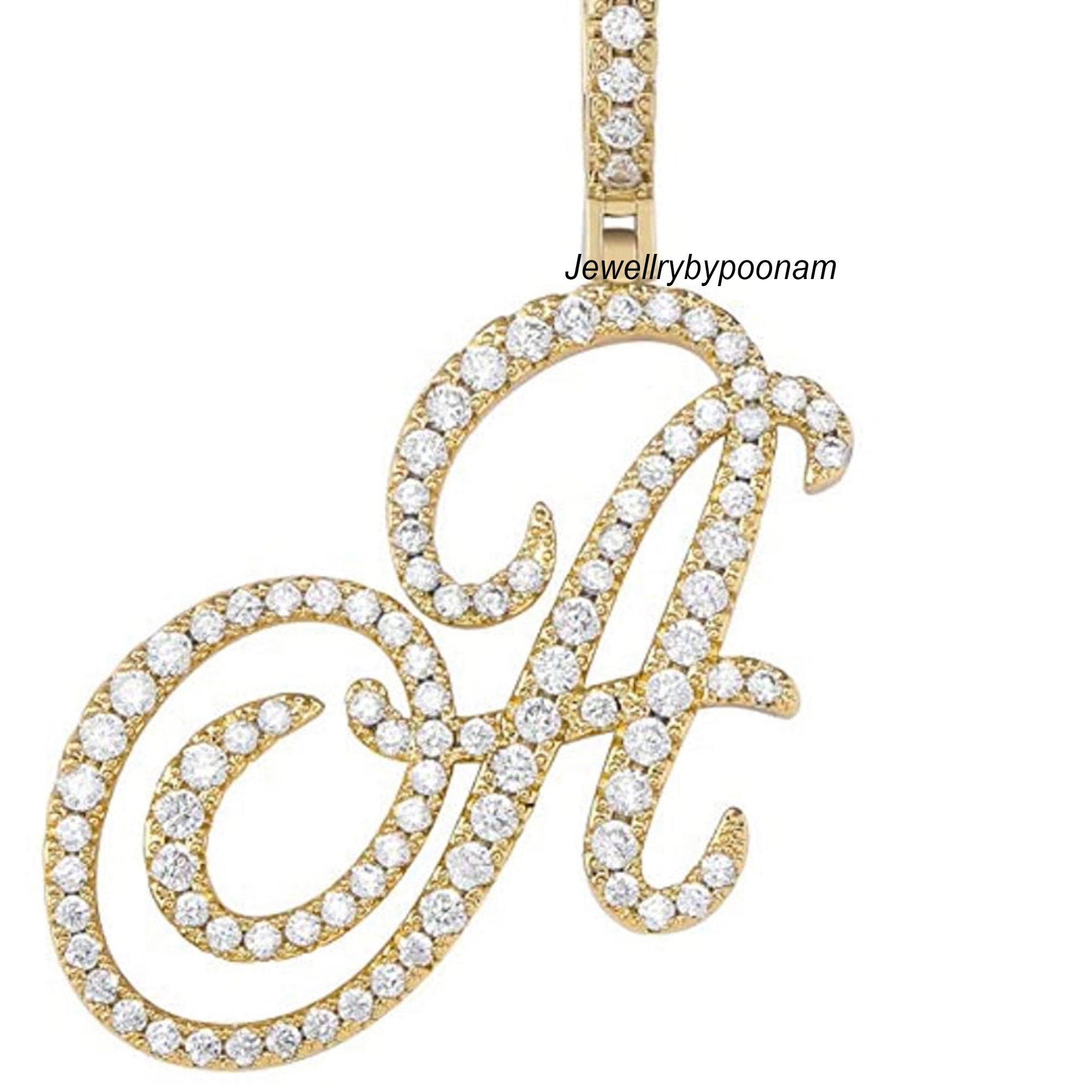 14k Gold Plated Moissanite Diamond Letter Pendant: Sterling Silver Charm - Jewelry By Poonam | SKU: PJP4835-SLRGMN-H-28M 2/26
