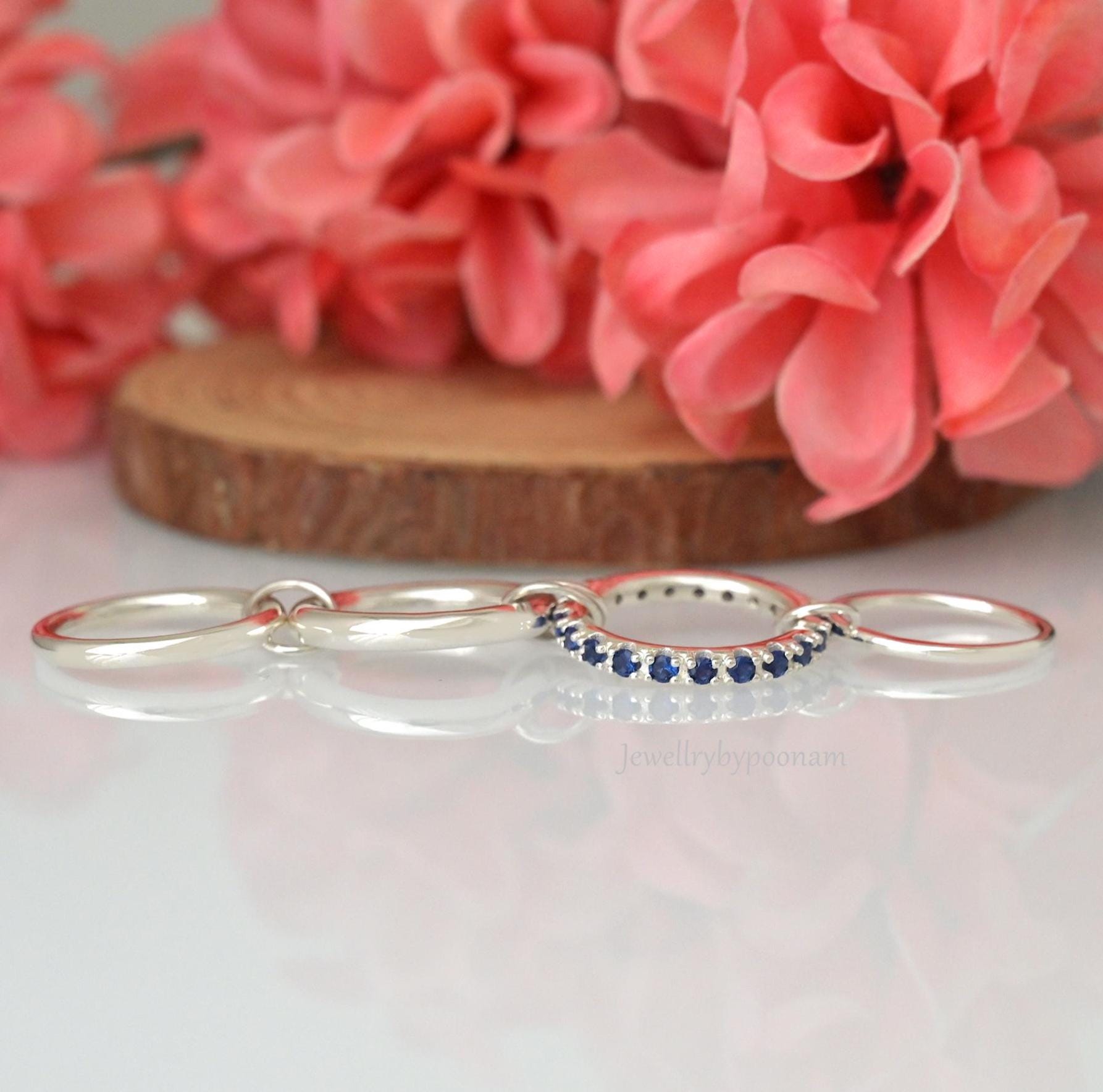 Blue Sapphire Silver Connector Band Ring, Multi Link Eternity Ring - View 2 - Jewelry By Poonam | SKU: PJR3002-SLNSBSP-US-7.5