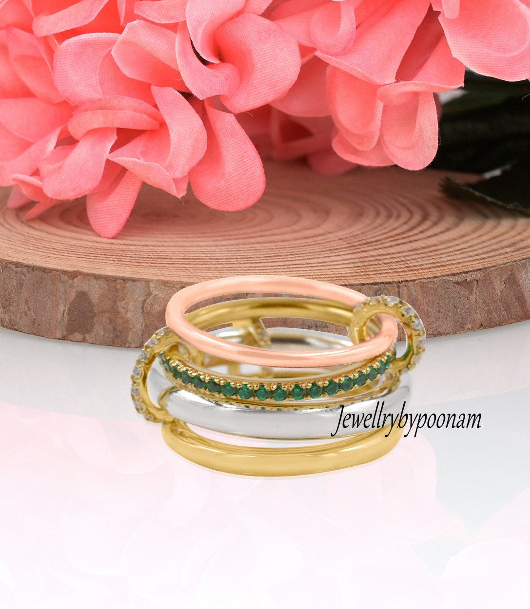 Gold-Plated Sterling Silver Multi-Connector Band Ring, Emerald & Tsavorite - Jewelry By Poonam | SKU: PJR1016-SLYGRGNSEMCZ-US