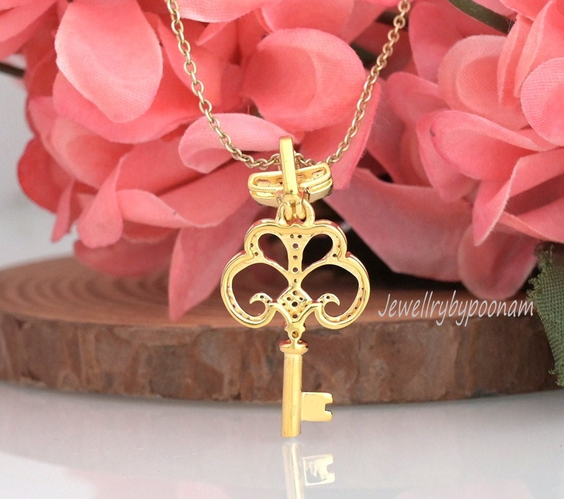 14k Gold Plated Crown Key Pendant: Sterling Silver CZ - View 2 - Jewelry By Poonam | SKU: PJP3491-SLYGBSP-40MM 2/26