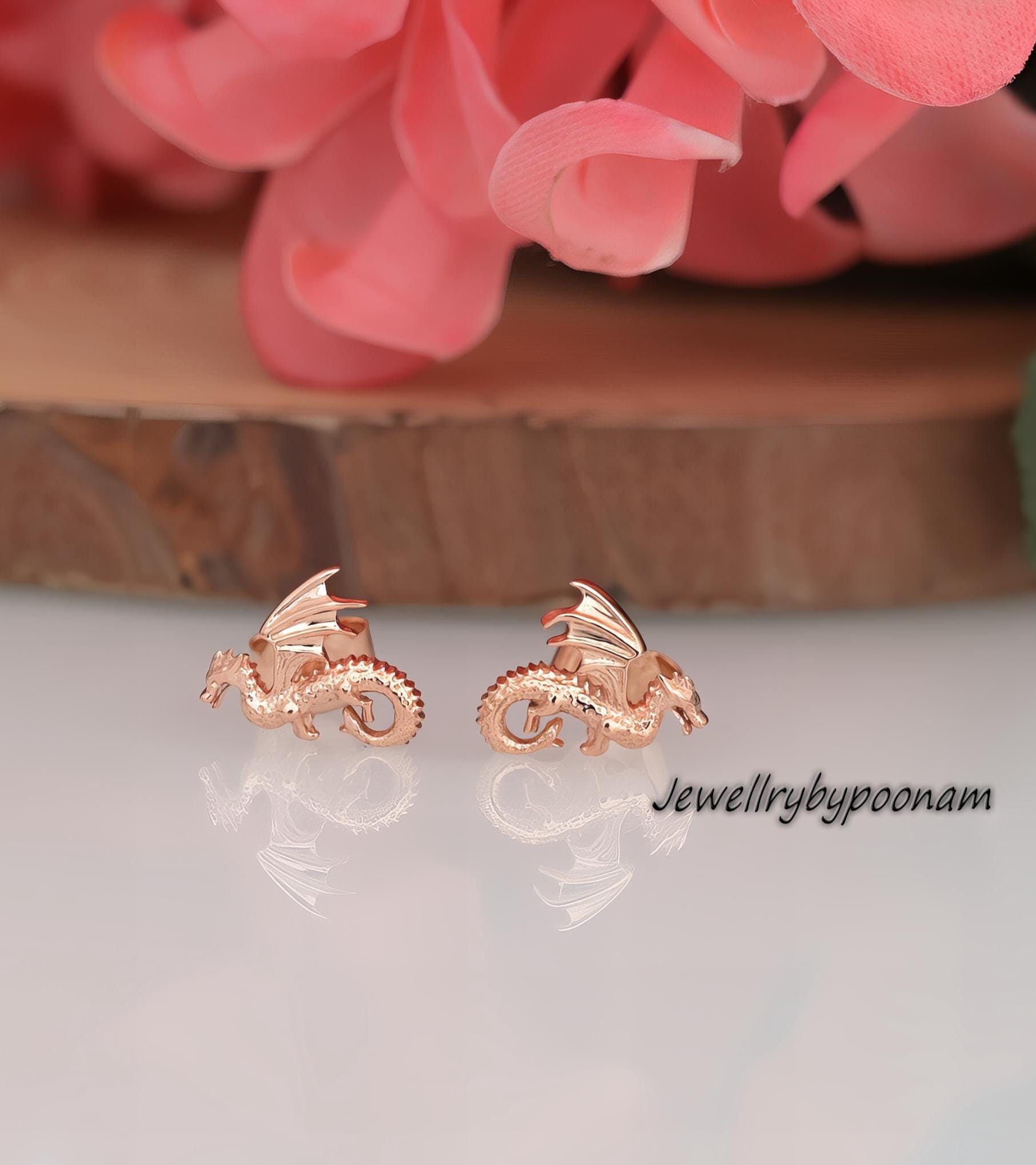 9k/14k Sterling Silver Flying Dragon Stud Earrings: Tiny Dragon Earring Flat Back - Jewelry By Poonam | SKU: PJE1691-SLNS-10M