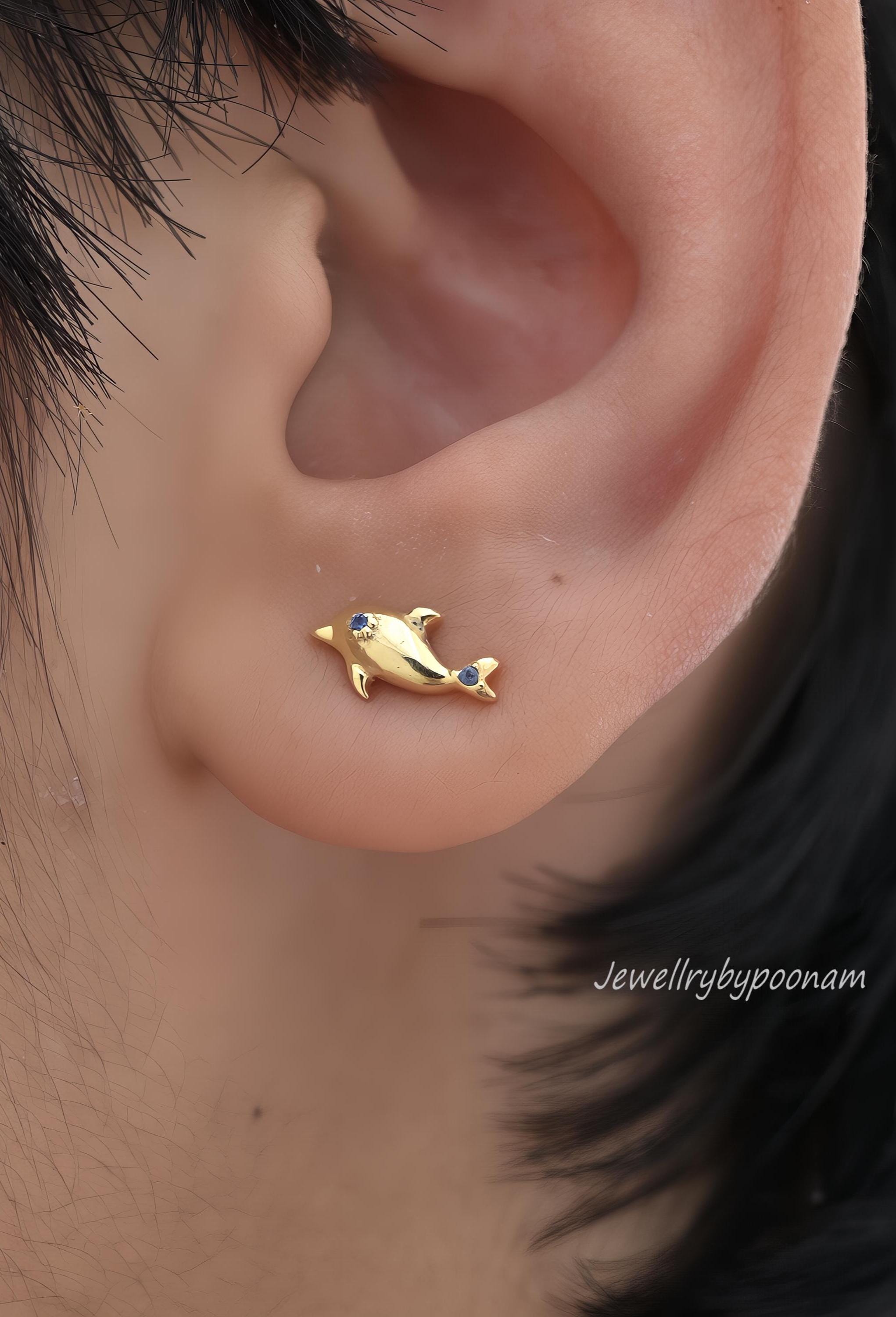 Sterling Silver Dolphin Stud Earrings with CZ: Dainty Animal Studs - View 3 - Jewelry By Poonam | SKU: PJE1683-SLYGBCZ-10M 2/