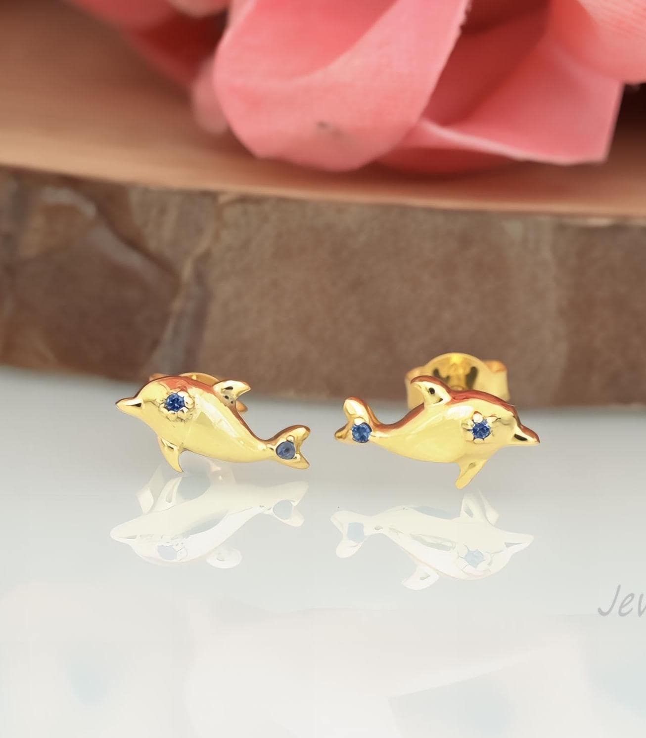 Sterling Silver Dolphin Stud Earrings with CZ: Dainty Animal Studs - Jewelry By Poonam | SKU: PJE1683-SLYGBCZ-10M 2/2026