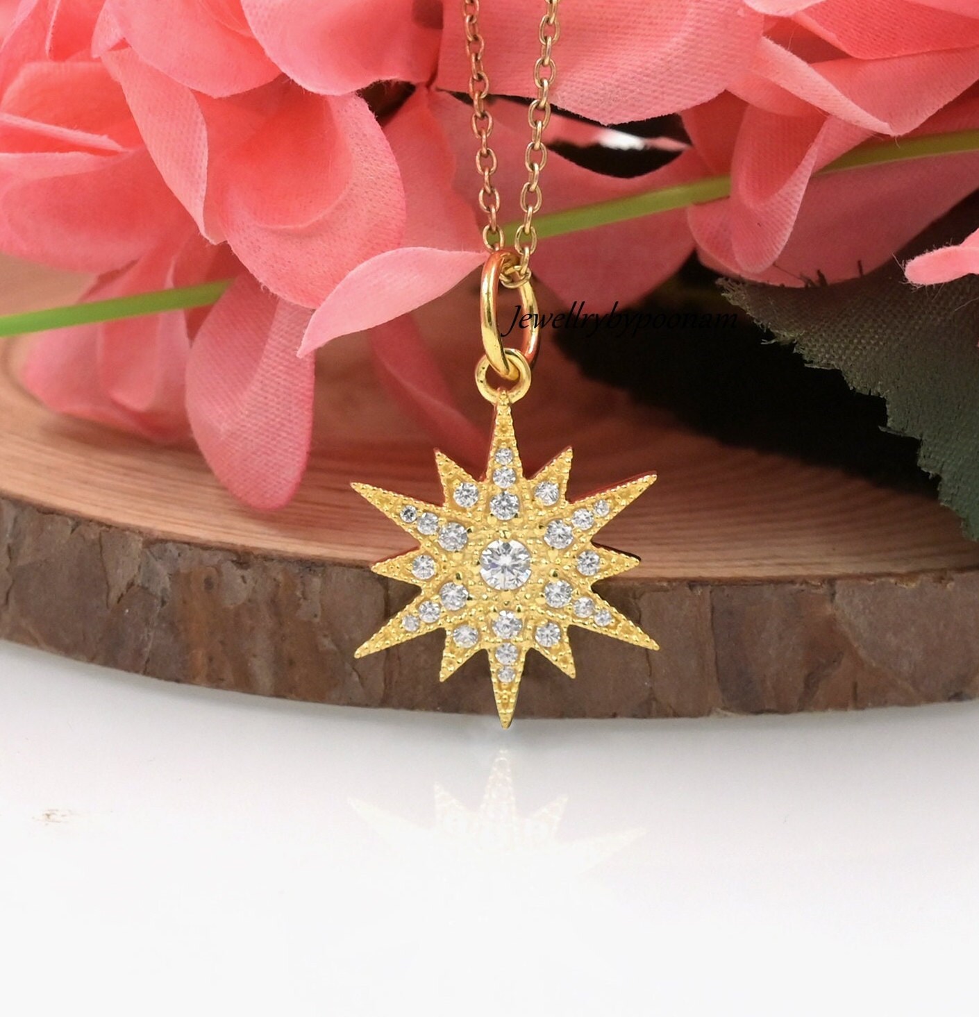 14K Gold Diamond Starburst Pendant: Moissanite Star Charm - View 2 - Jewelry By Poonam | SKU: PJP3196-SLYGCZ-25M 2/26