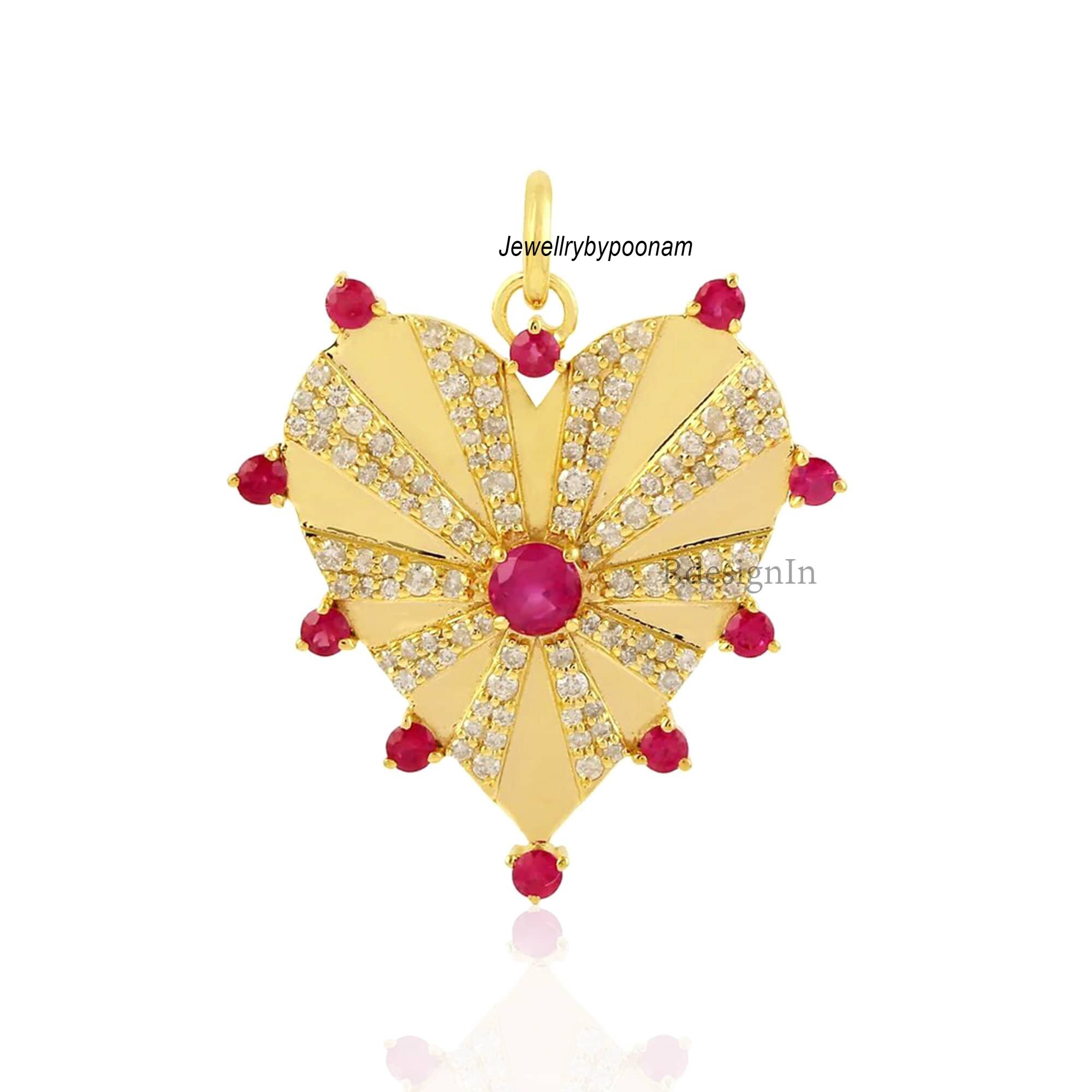 14k Solid Gold Heart Pendant: Diamond, Ruby Charm Jewelry - View 3 - Jewelry By Poonam | SKU: PJp2461-SLYGRUMN-30M 2/26