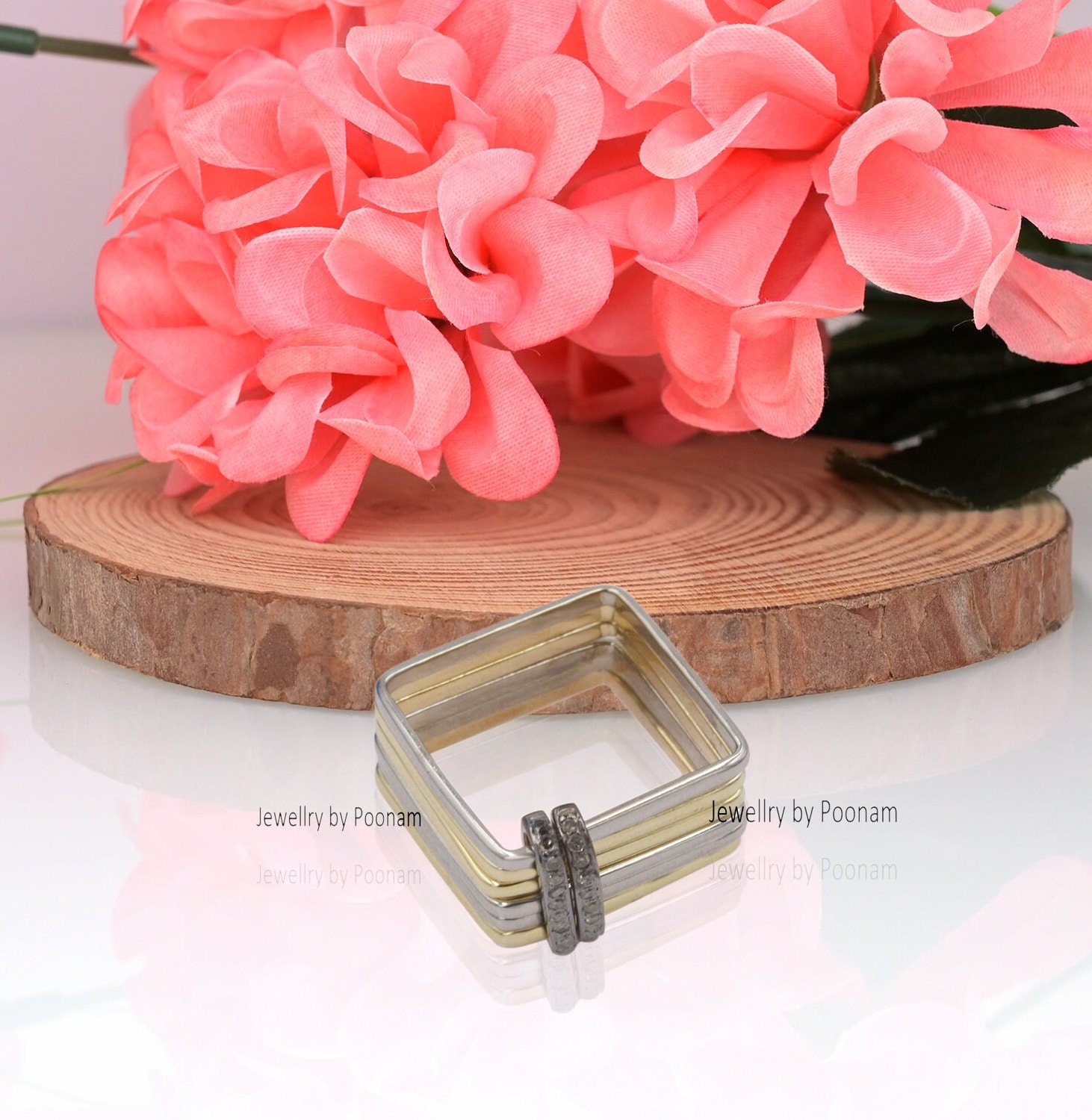 925 Silver Multi-Band Stacking Ring Set with Cubic Zirconia Connector - View 3 - Jewelry By Poonam | SKU: PJR985- 2/26