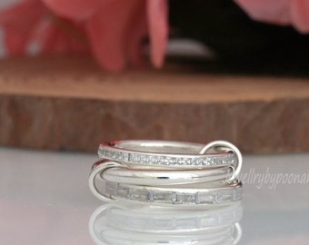 wholesale band ring, chunky gold connector ring,Multi Link Band Ring, Baguette Moissanite Multi Layered Interlocking Ring Gold or Silver
