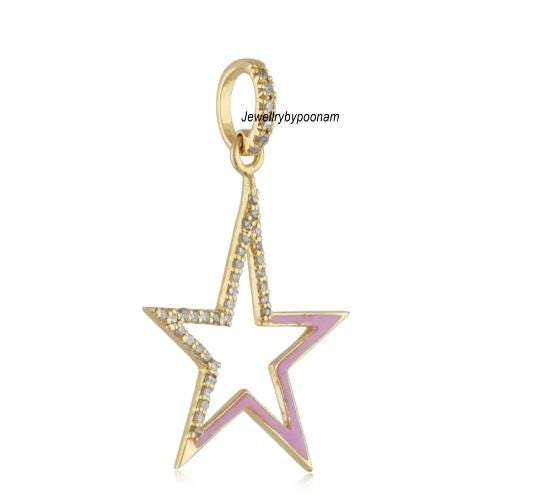 14k Gold Moissanite Star Pendant: Pink Enamel Sterling Silver Charm (30MM) - View 2 - Jewelry By Poonam | SKU: PJP-