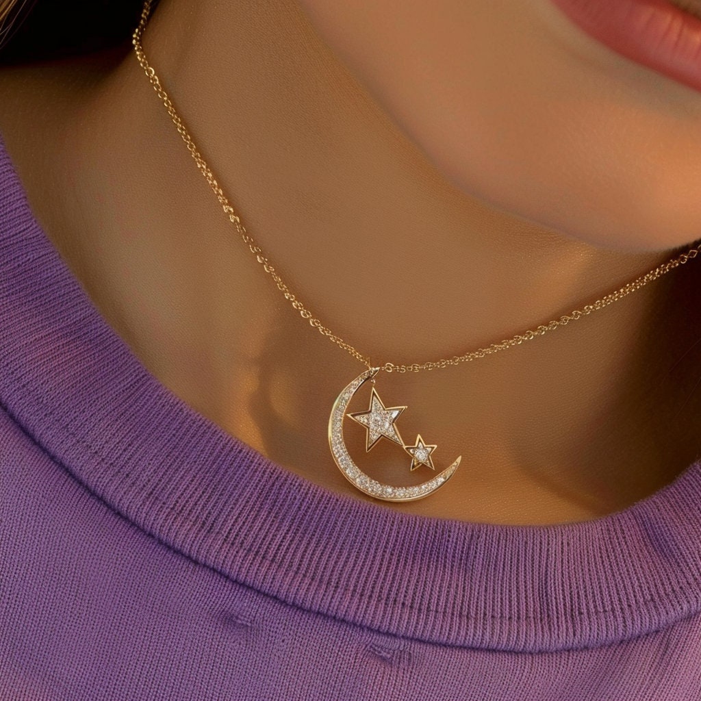 14k Gold Moissanite Moon Star Pendant: Sterling Silver Charm (30MM) - Jewelry By Poonam | SKU: PJN1058-SLNSMN-18I