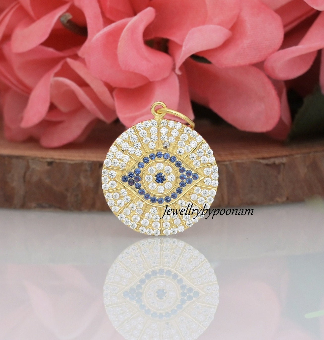 Blue Sapphire CZ Evil Eye Pendant: Sterling Silver Protection Charm - Jewelry By Poonam | SKU: PJP3403-SLYGCZBSP-30M 2/26