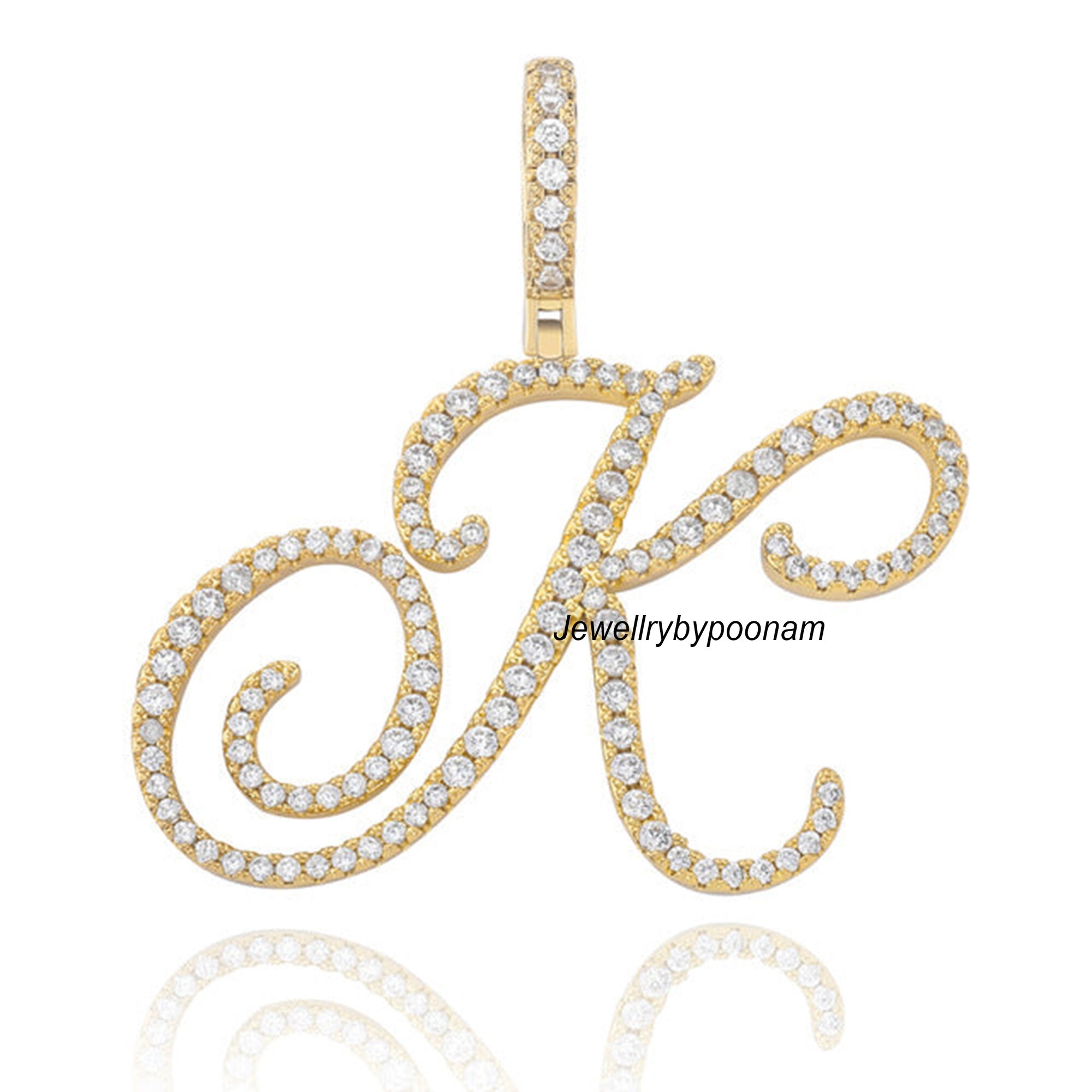 14k Gold Plated Moissanite Diamond Letter Pendant: Sterling Silver Charm - View 3 - Jewelry By Poonam | SKU: PJP4835-SLRGMN-H