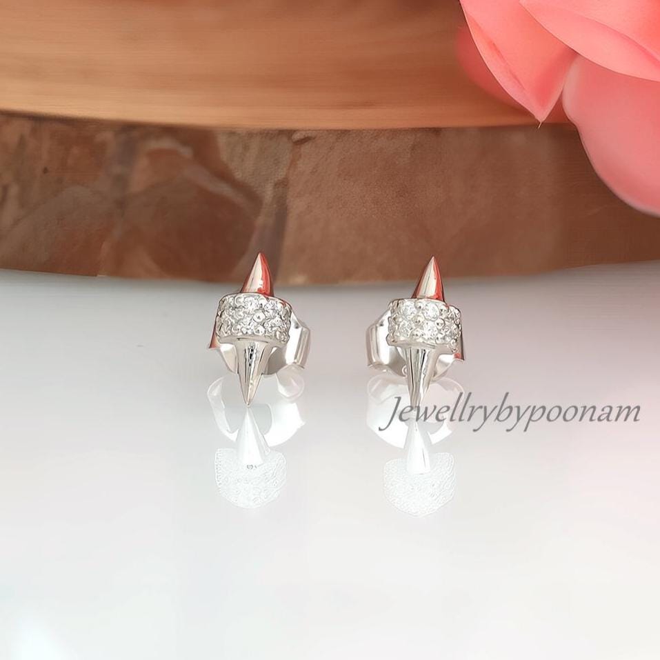 925 Sterling Silver CZ Spike Stud Earrings: Dainty Handmade Jewelry - Jewelry By Poonam | SKU: PJE1725-SLNSCZ-10M 2/26