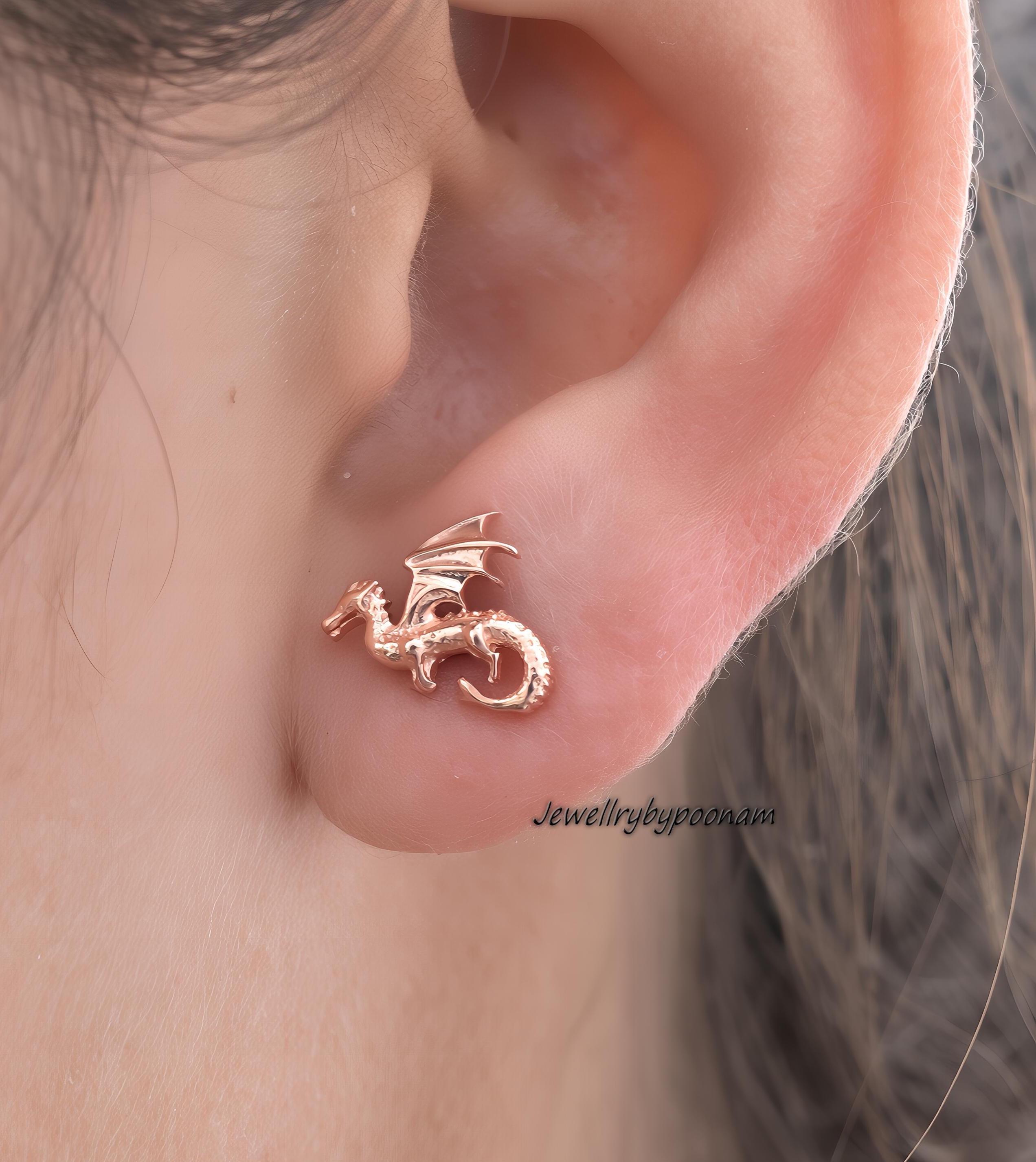 9k/14k Sterling Silver Flying Dragon Stud Earrings: Tiny Dragon Earring Flat Back - View 2 - Jewelry By Poonam | SKU: PJE1691