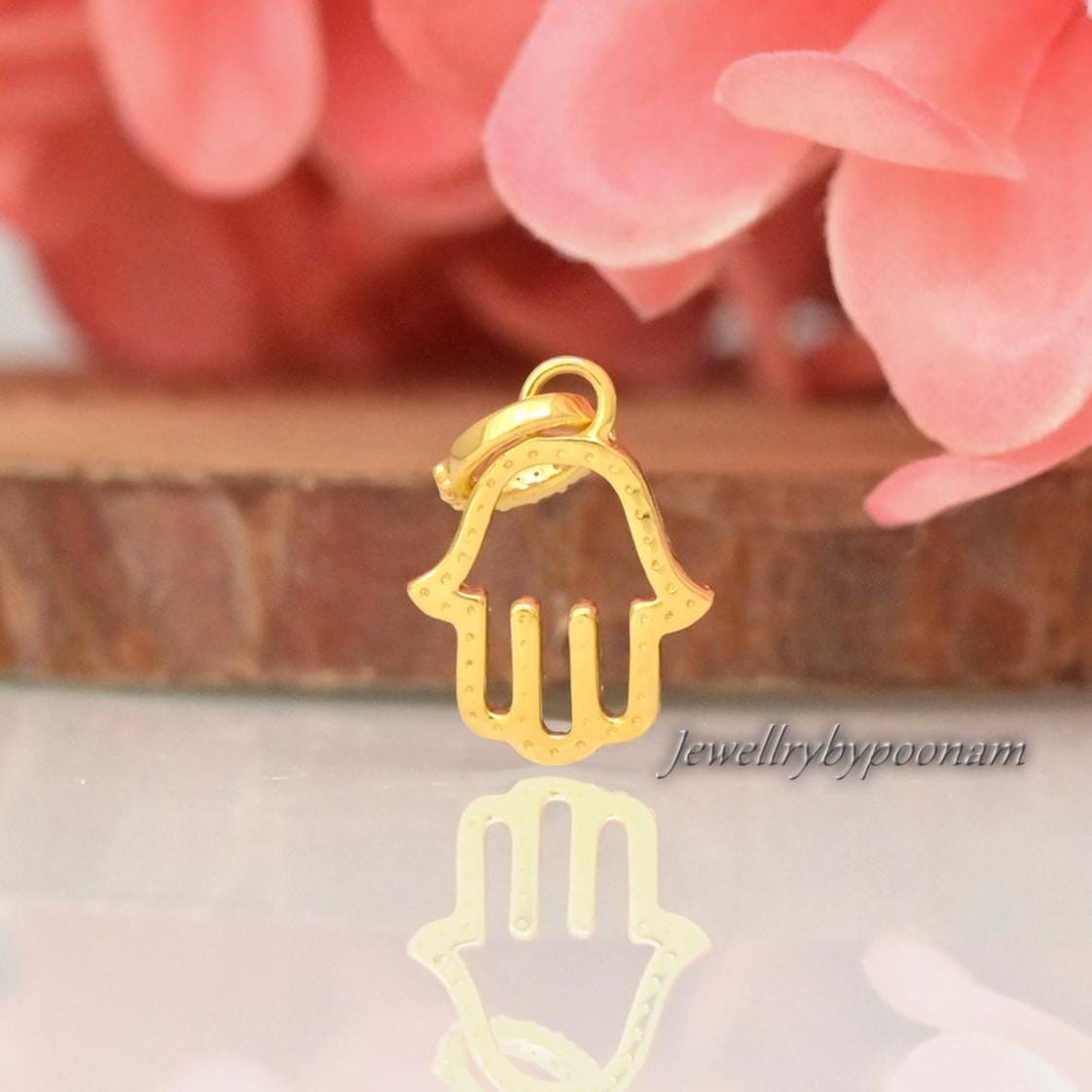14k Gold Plated Hamsa Pendant: Moissanite Diamond Charm, Mini Gold Hand - View 2 - Jewelry By Poonam | SKU: PJP6131-SLYGMN-22