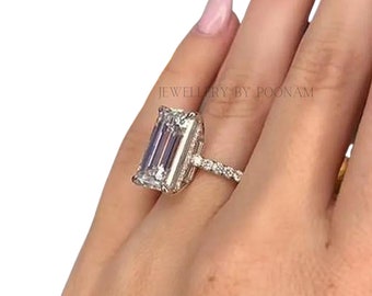 Sterling Silver Elongated Emerald Cut Engagement Ring | Unique Wedding Ring