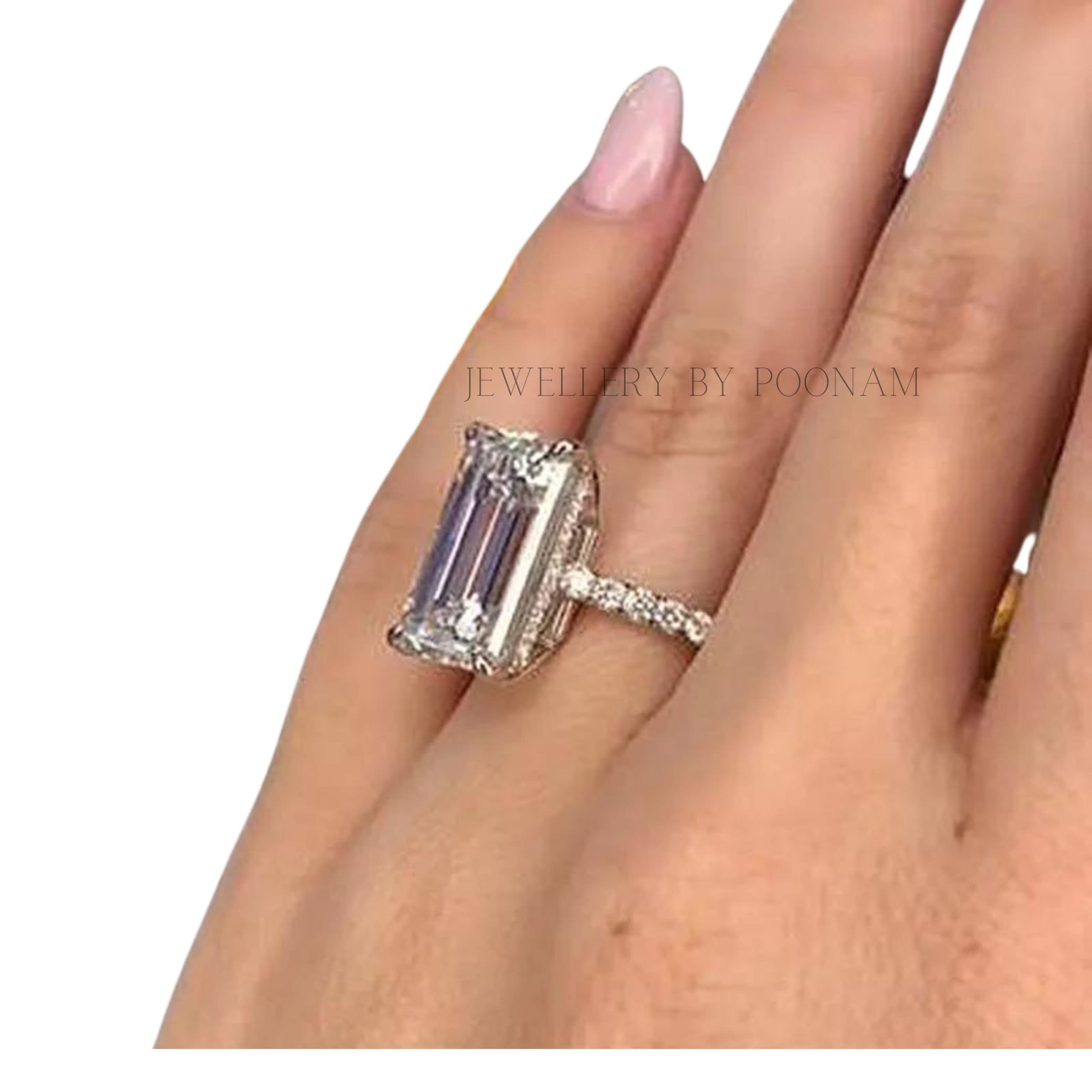 925 Sterling Silver Elongated Emerald Cut Engagement Ring | Unique Wedding Ring - Jewelry By Poonam | SKU: PJR2674-SLYGMN-US-