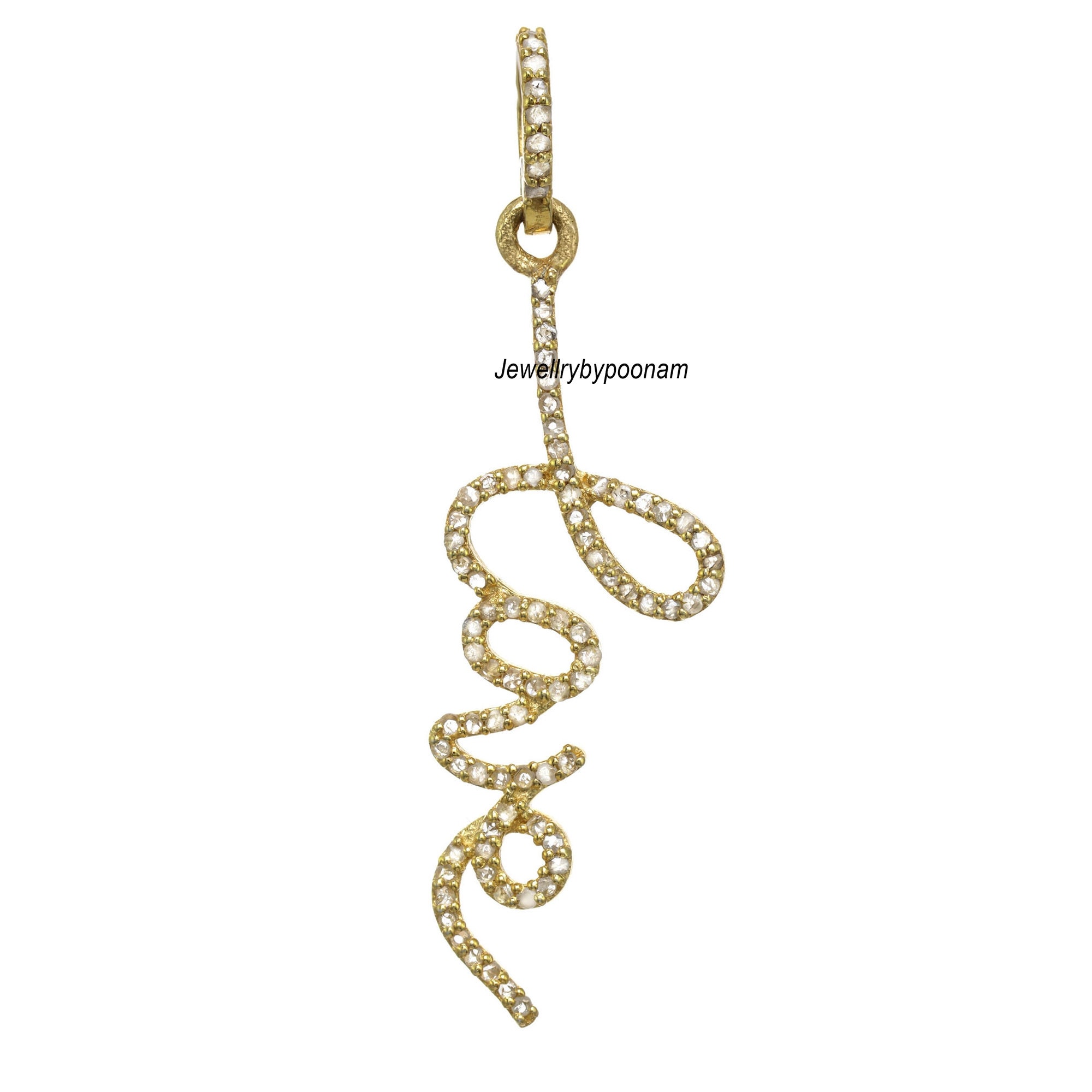 14k Solid Gold LOVE Diamond Pendant: Cursive love Pendant CZ Charm - View 3 - Jewelry By Poonam | SKU: PJP3291-SLYGCZ-40M 2/2