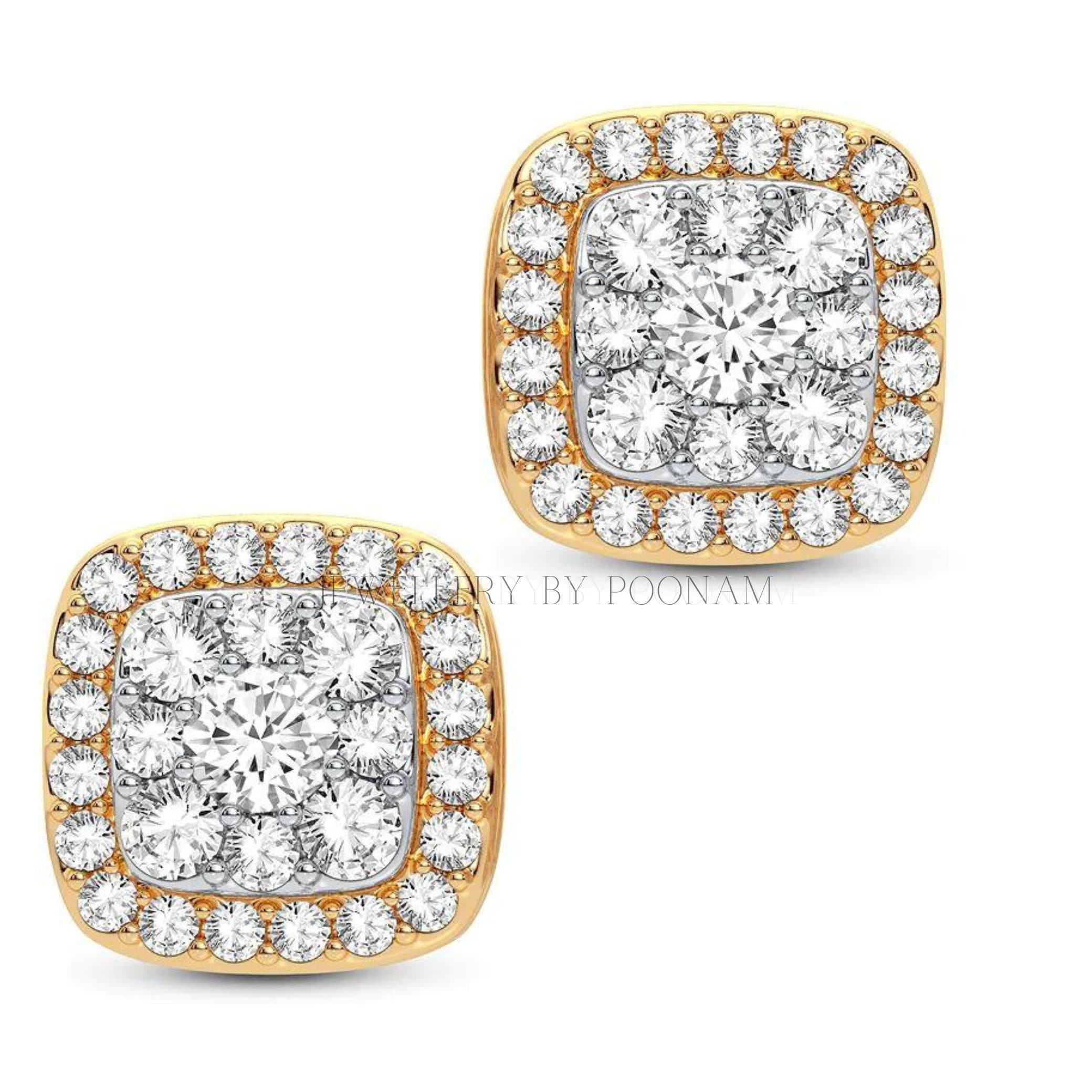 14K Gold Moissanite Cubic Zirconia Halo Earrings: 10mm Square Studs - Jewelry By Poonam | SKU: E-128