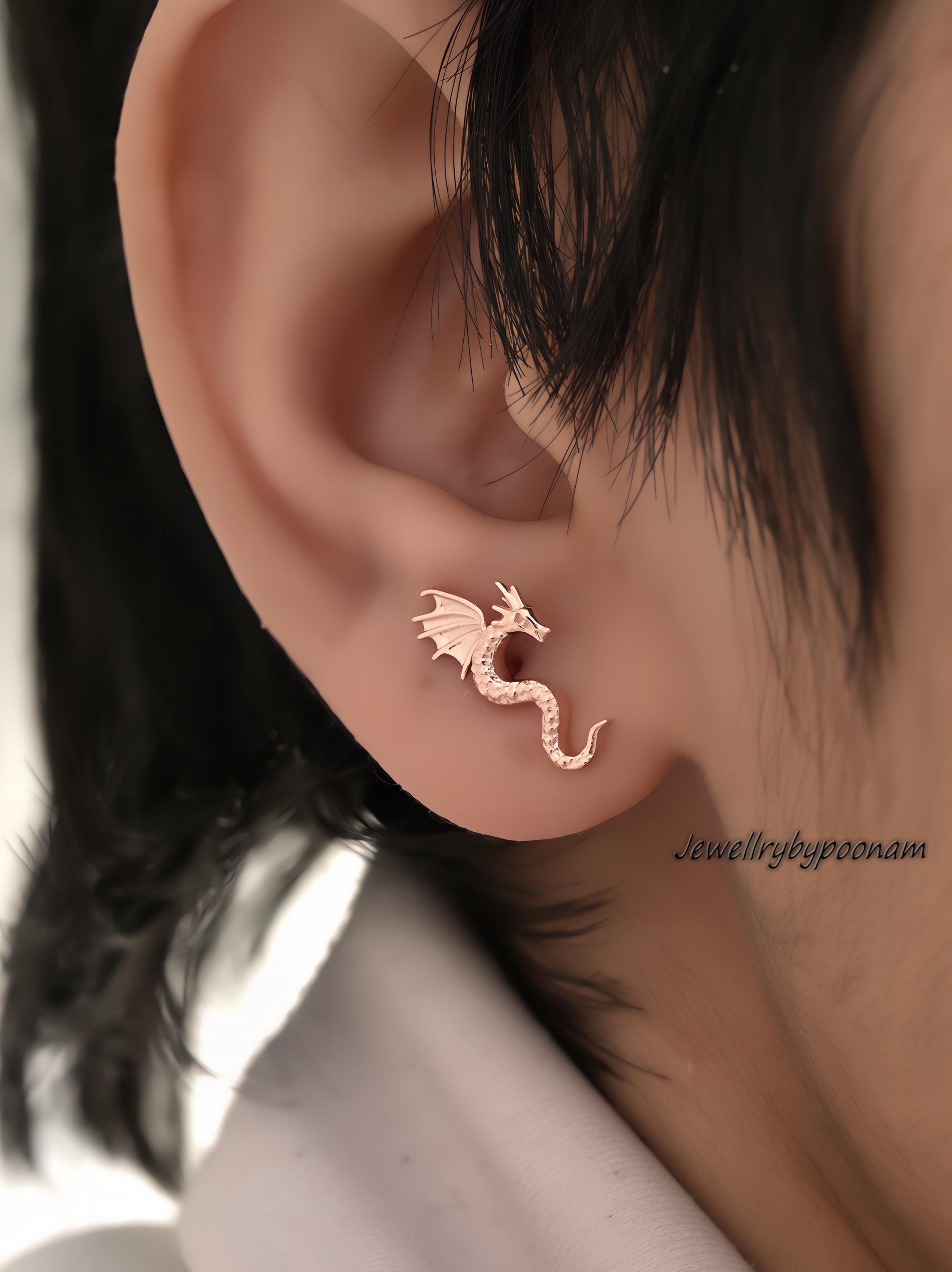 9k/14k Sterling Silver Flying Dragon Stud Earrings: Tiny Dragon Earring Flat Back - View 7 - Jewelry By Poonam | SKU: PJE1691