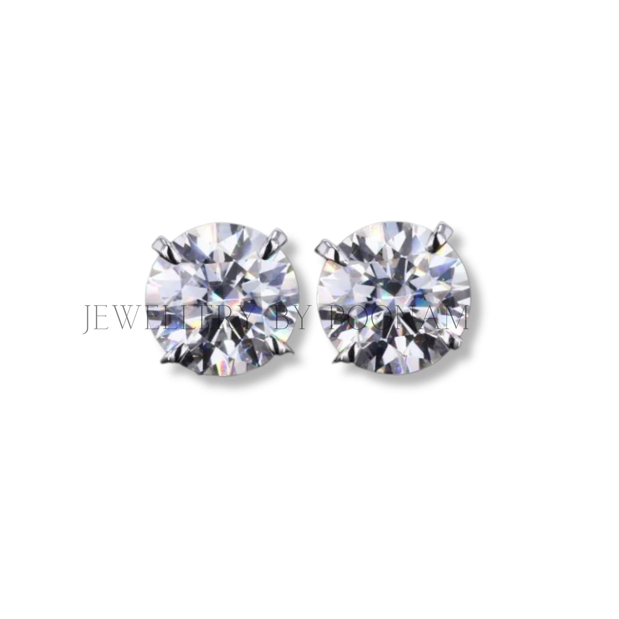 9K/14K White Gold & 925 Sterling Silver Moissanite Stud Earrings: Round Cut, 5mm - Jewelry By Poonam | SKU: E-1316