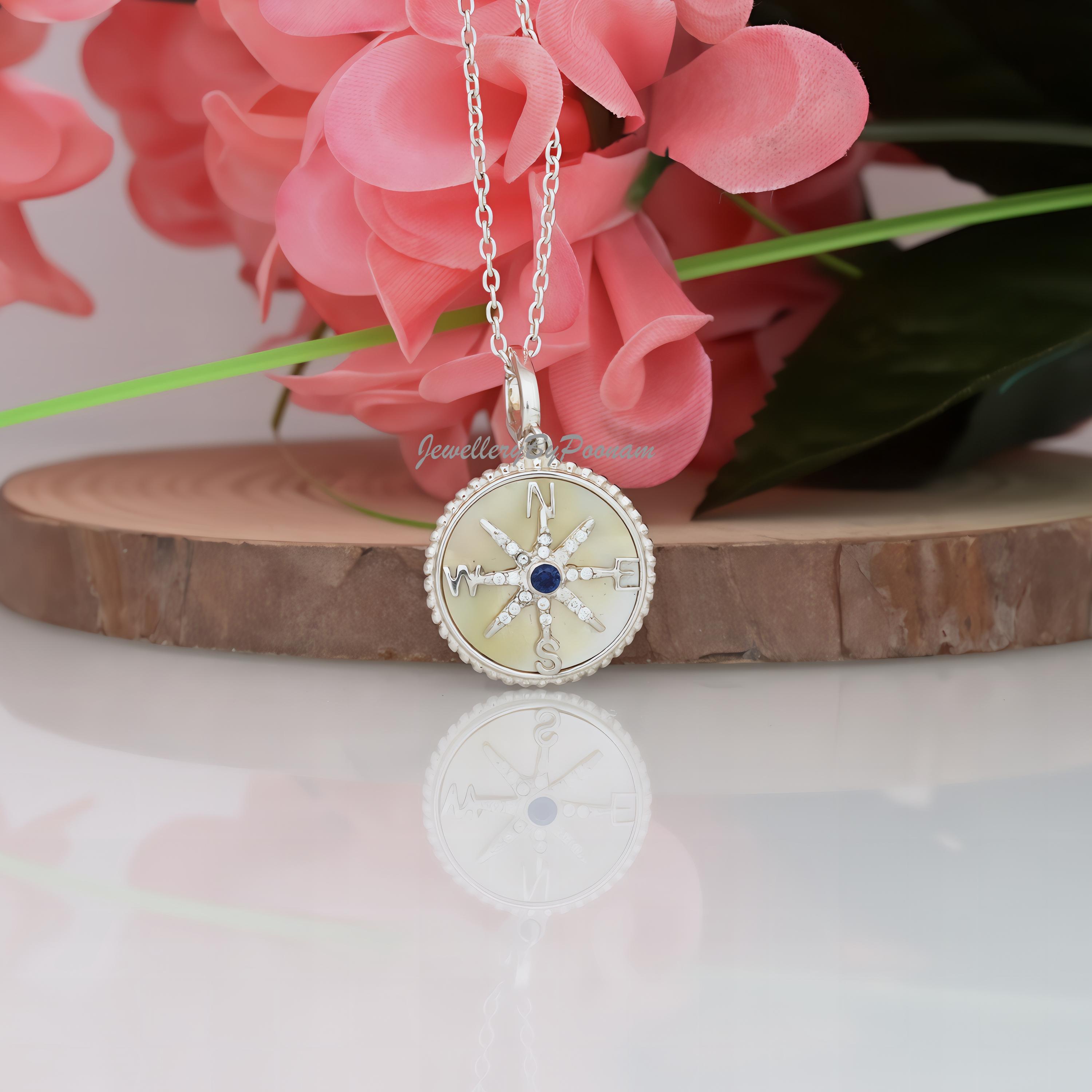 Sterling Silver Compass Pendant: Mother of Pearl, Blue CZ Diamond Charm - Jewelry By Poonam | SKU: PJP3200-SLNSMOPCZBCZ-30M 2