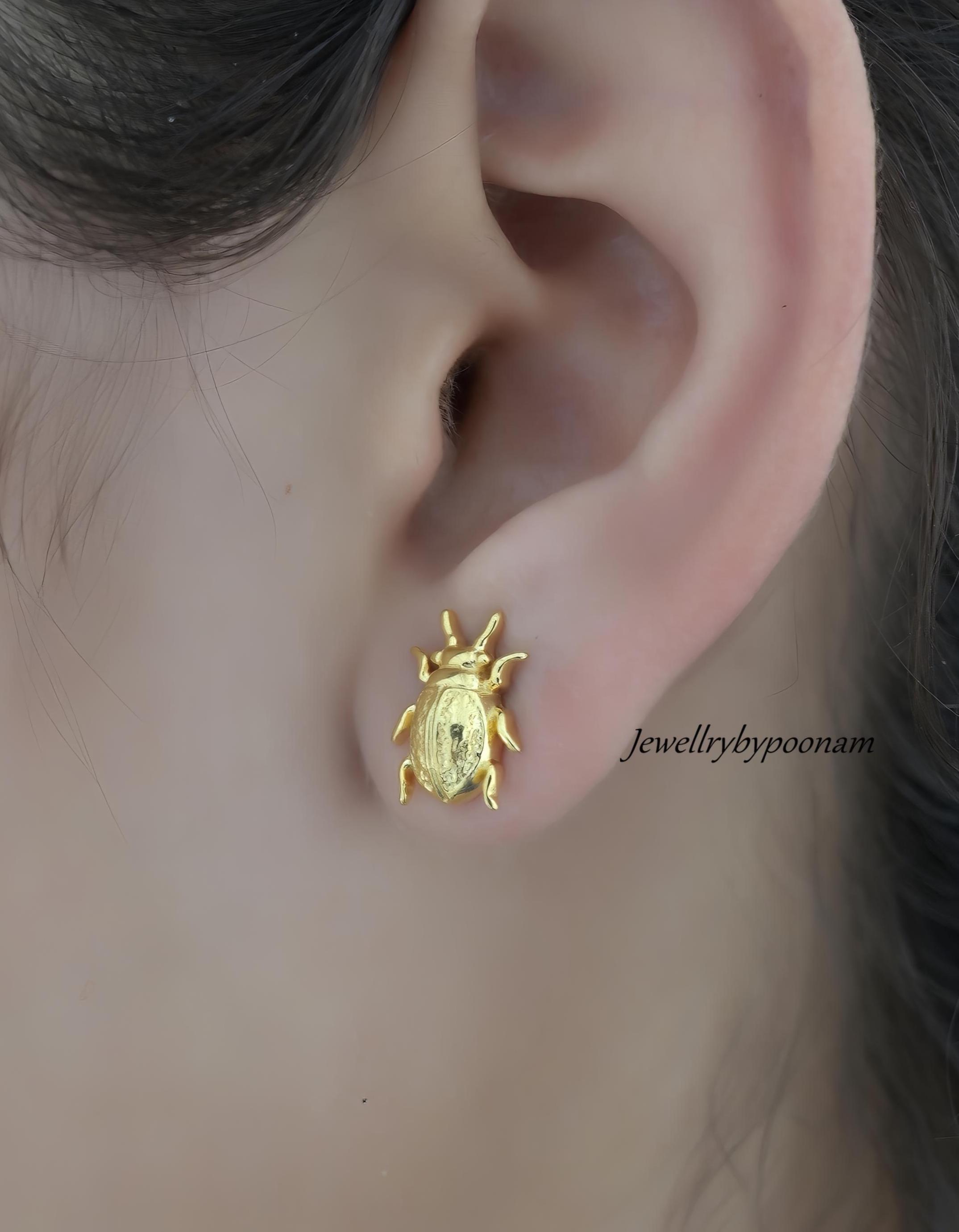 925 Gold Plated Beetle Stud Earrings: Handmade Insect Jewelry (10MM) - View 4 - Jewelry By Poonam | SKU: MJE1777-SLYG-10M 2/2