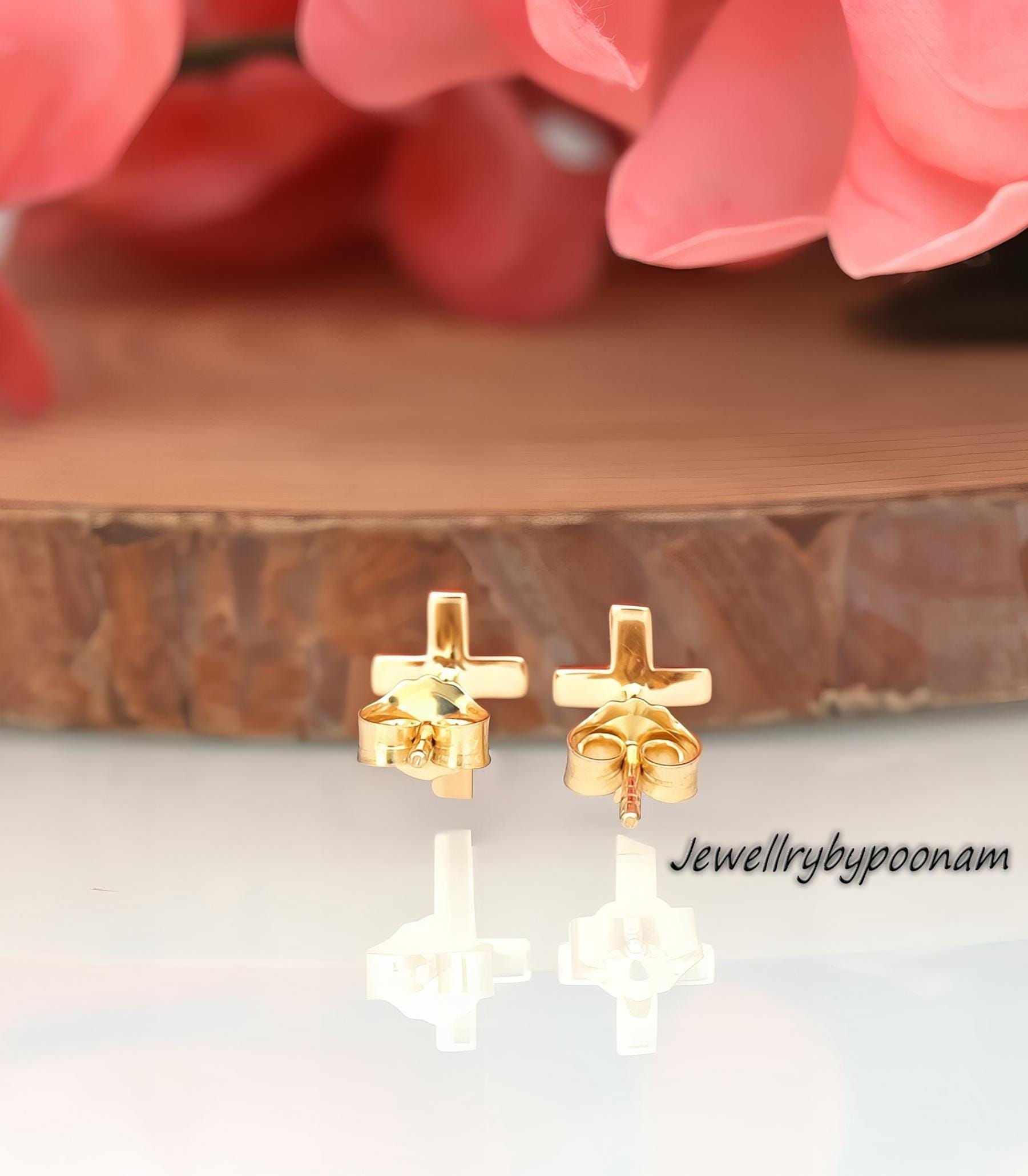 9k/14k & 925 Sterling Silver Cross Stud Earrings: Dainty Handmade Jewelry - View 2 - Jewelry By Poonam | SKU: PJE1662-14KYG-1
