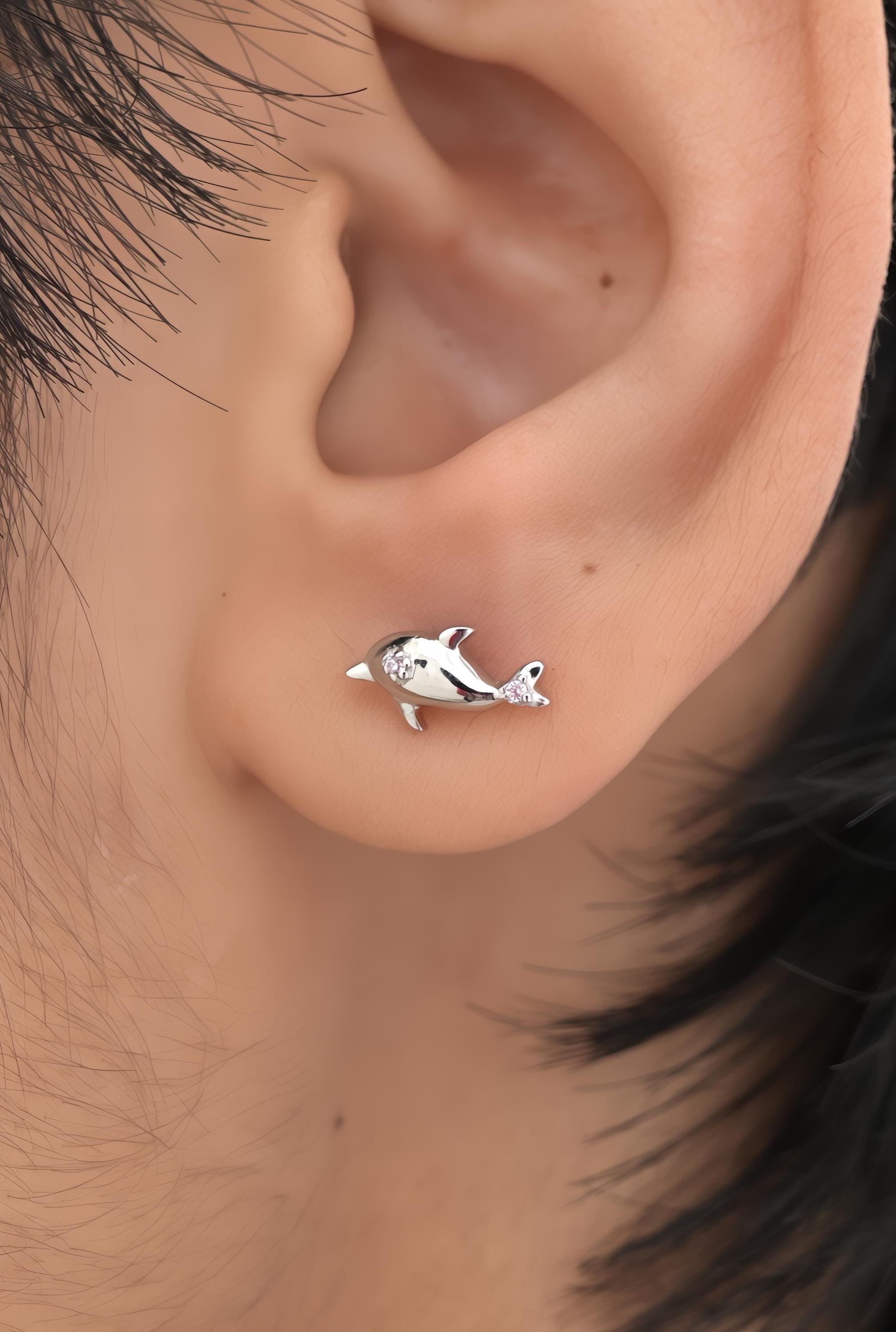 Sterling Silver Dolphin Stud Earrings with CZ: Dainty Animal Studs - View 4 - Jewelry By Poonam | SKU: PJE1683-SLYGBCZ-10M 2/