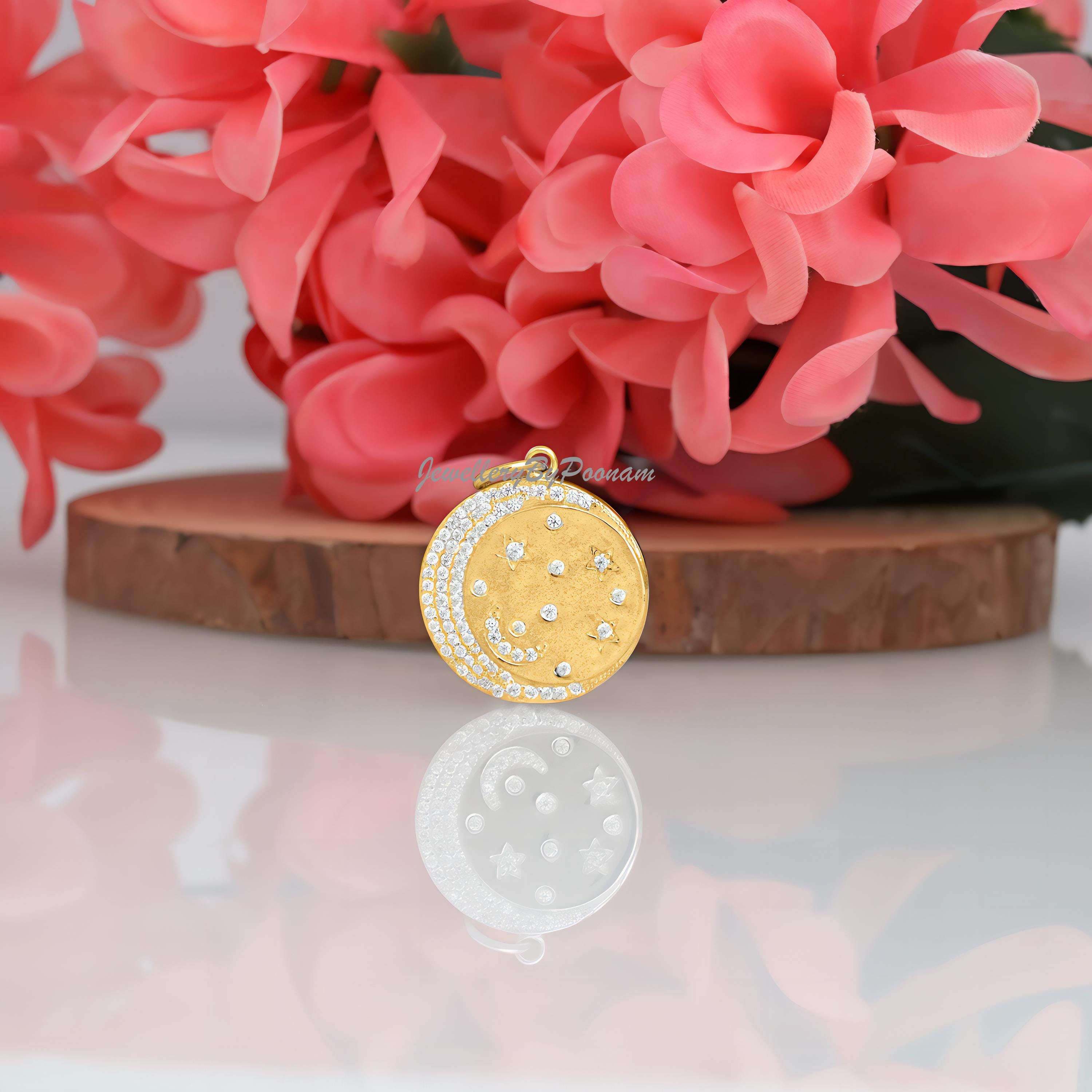 Sterling Silver Star Moon CZ Pendant: Celestial Disc Charm - Jewelry By Poonam | SKU: PJP-3415-SLNSCZ-30 2/26