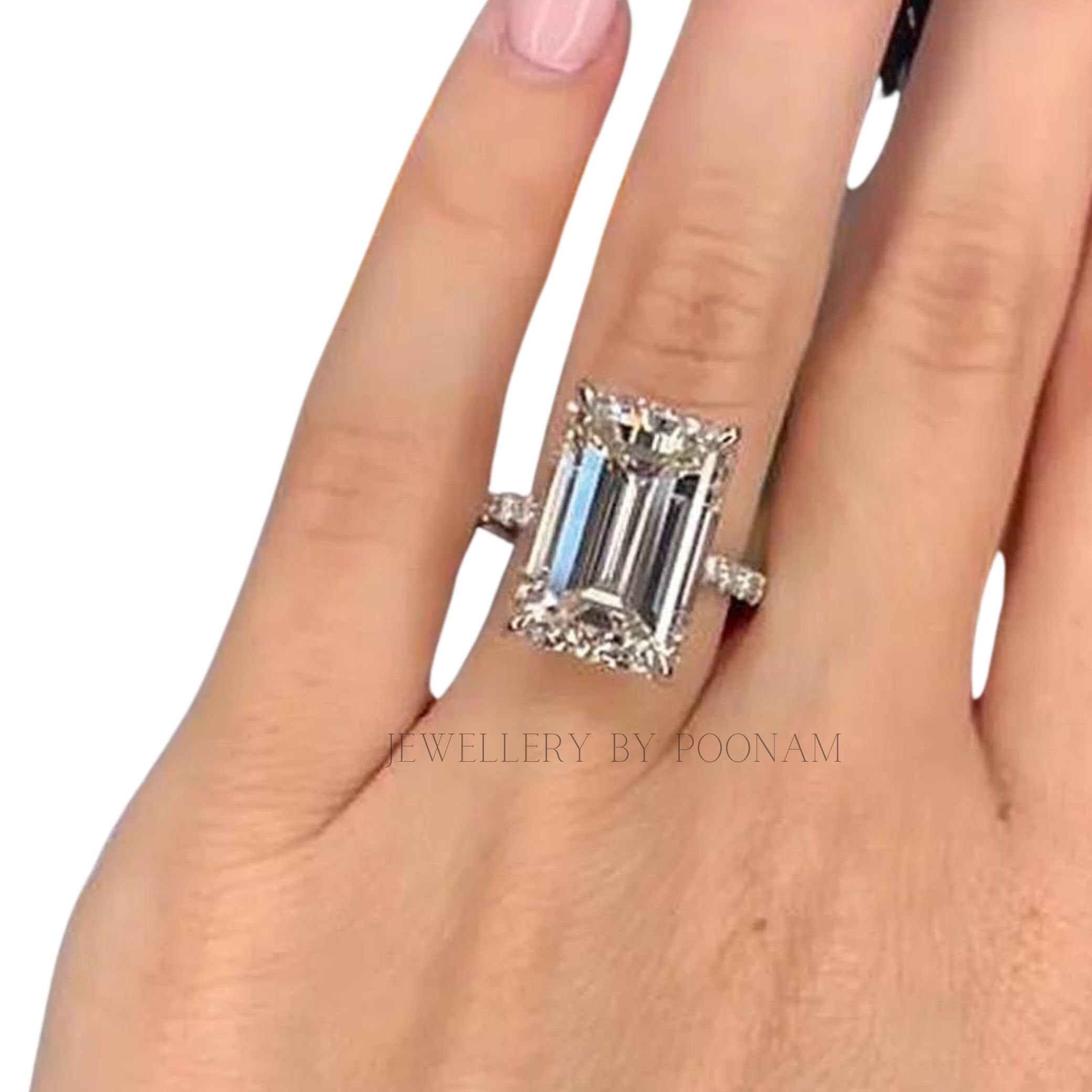 925 Sterling Silver Elongated Emerald Cut Engagement Ring | Unique Wedding Ring - View 3 - Jewelry By Poonam | SKU: PJR2674-S