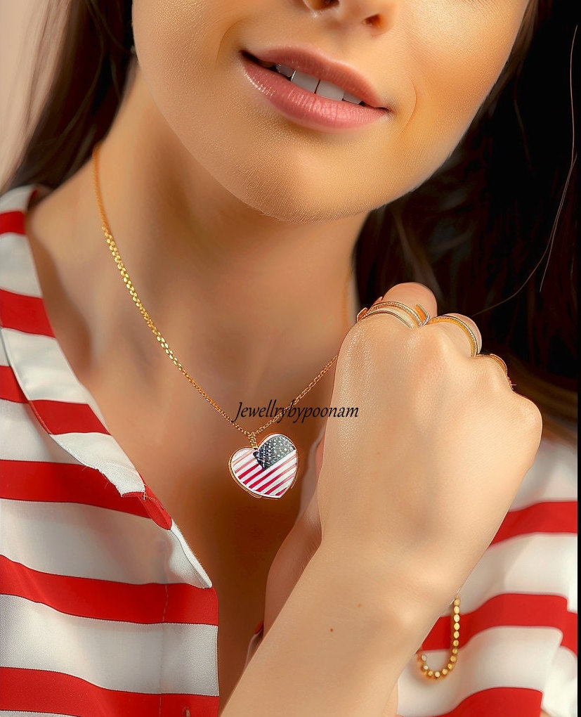 14K Gold Plated American Flag Heart Pendant: Enamel Charm Necklace - Jewelry By Poonam | SKU: PJP