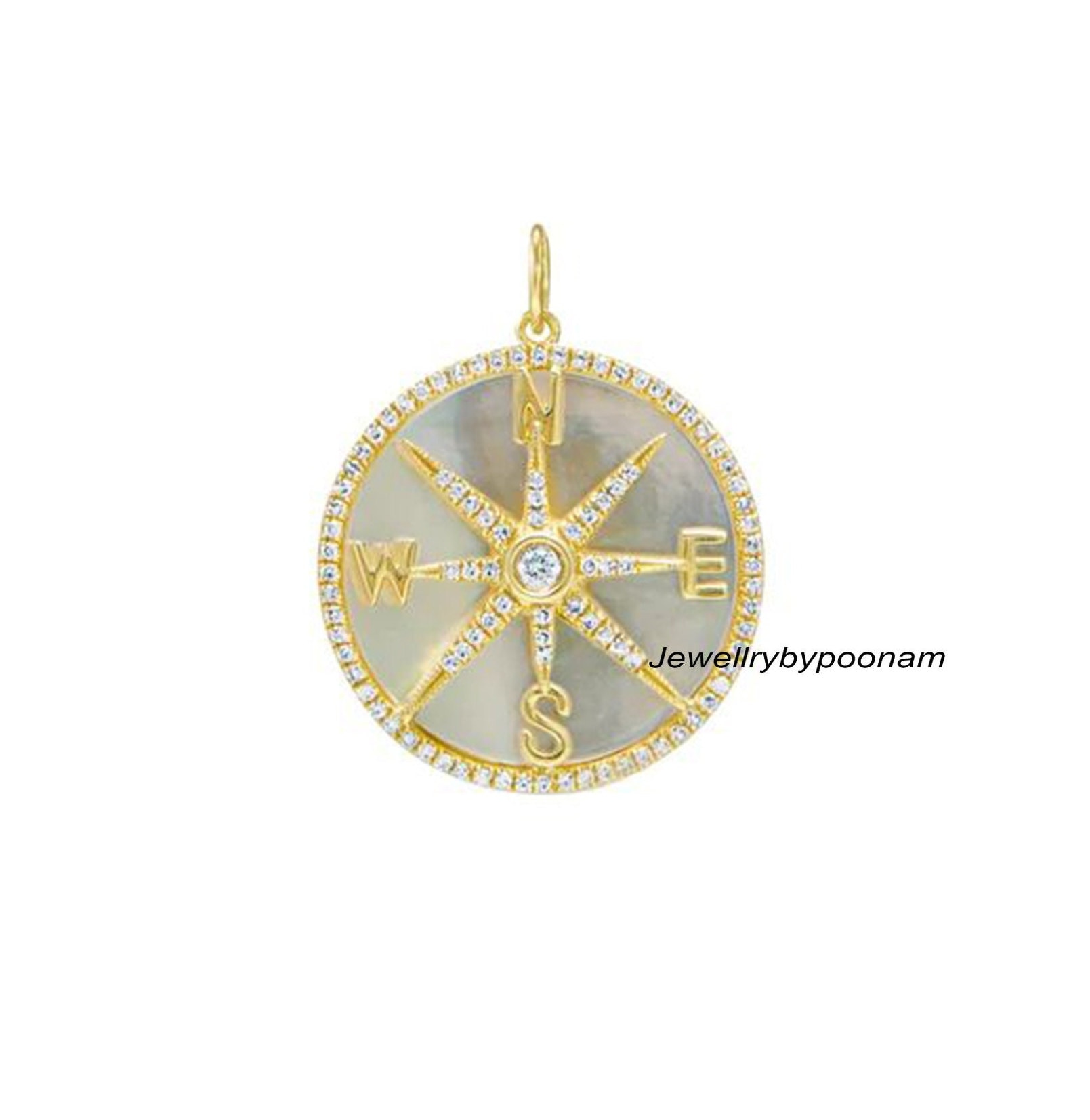 Moissanite Diamond Compass Pendant: 925 Sterling Silver Charm (30 MM) - Jewelry By Poonam | SKU: PJP4822-SLYGMOPMN-25M