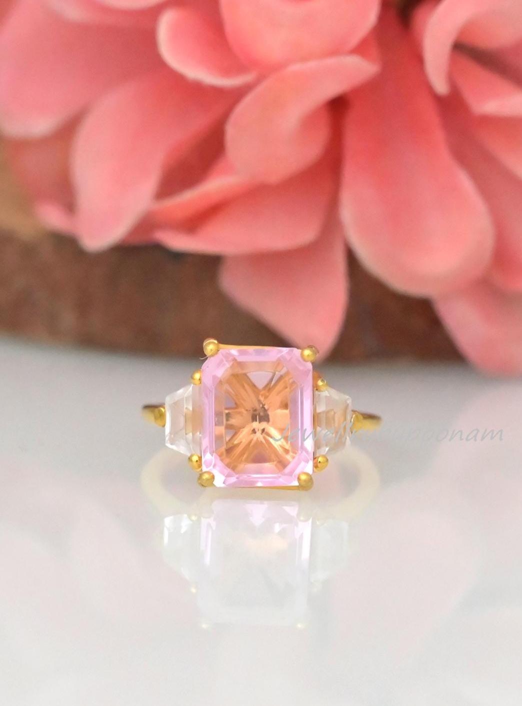 Sterling Silver Three Stone Morganite Engagement Ring - Emerald Cut - View 2 - Jewelry By Poonam | SKU: PJR2953-SLYGPCZWCZ-US