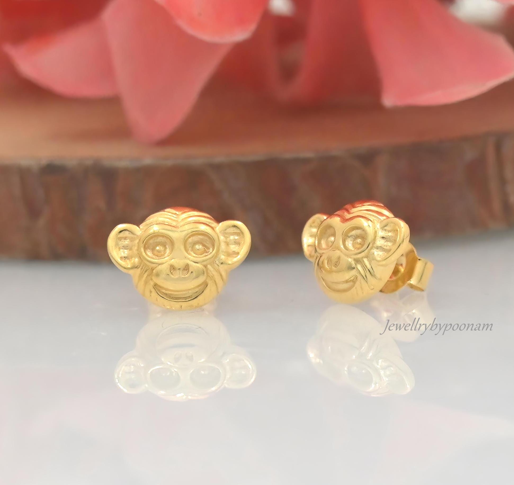 Gold Plated Monkey Stud Earrings, 925 Silver, 10mm - View 3 - Jewelry By Poonam | SKU: PJE1783-SLYG-10M 2/26