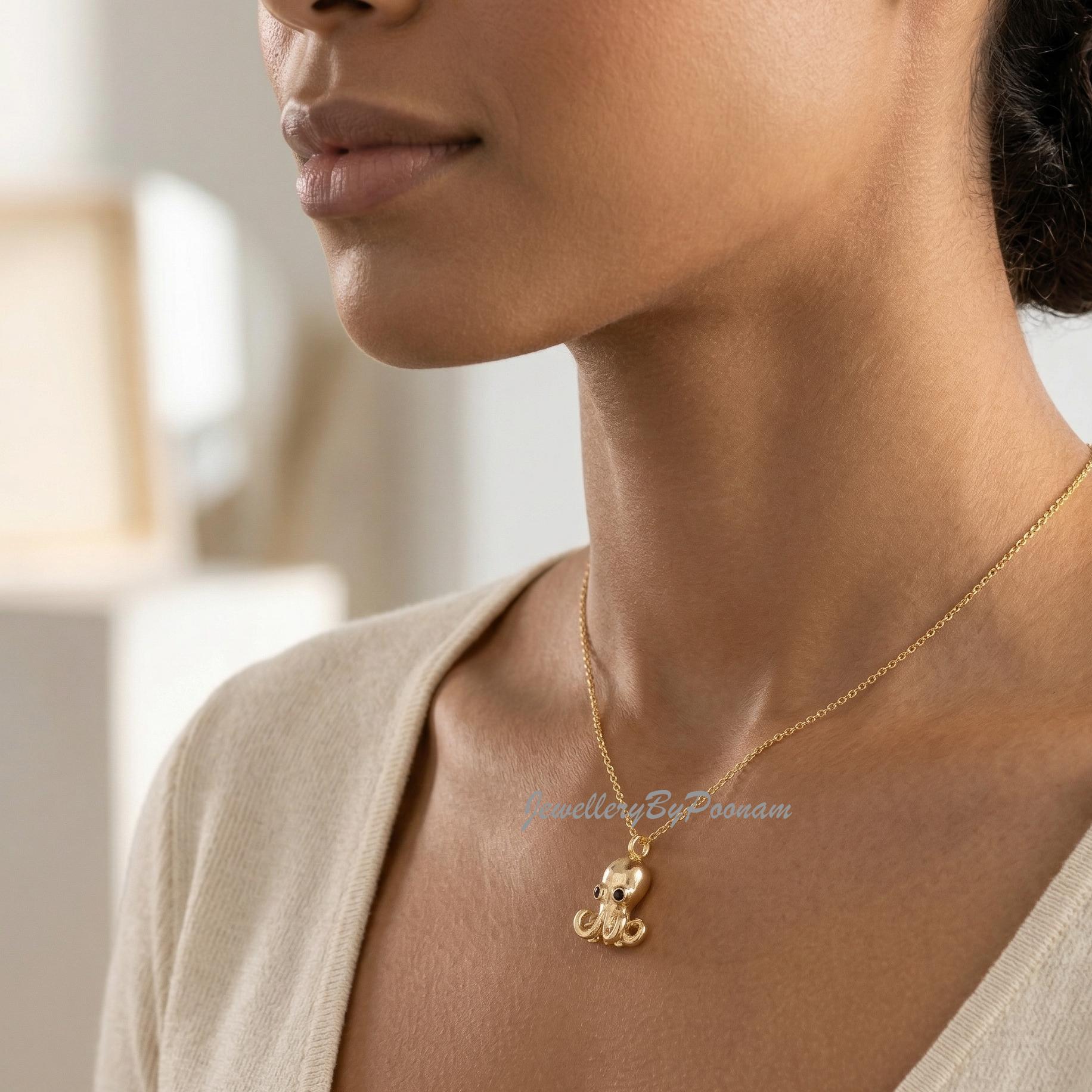 14k Gold-Plated Sterling Silver Octopus Pendant: Black Spinel Eye Charm Octopus Pendant - View 2 - Jewelry By Poonam | SKU: