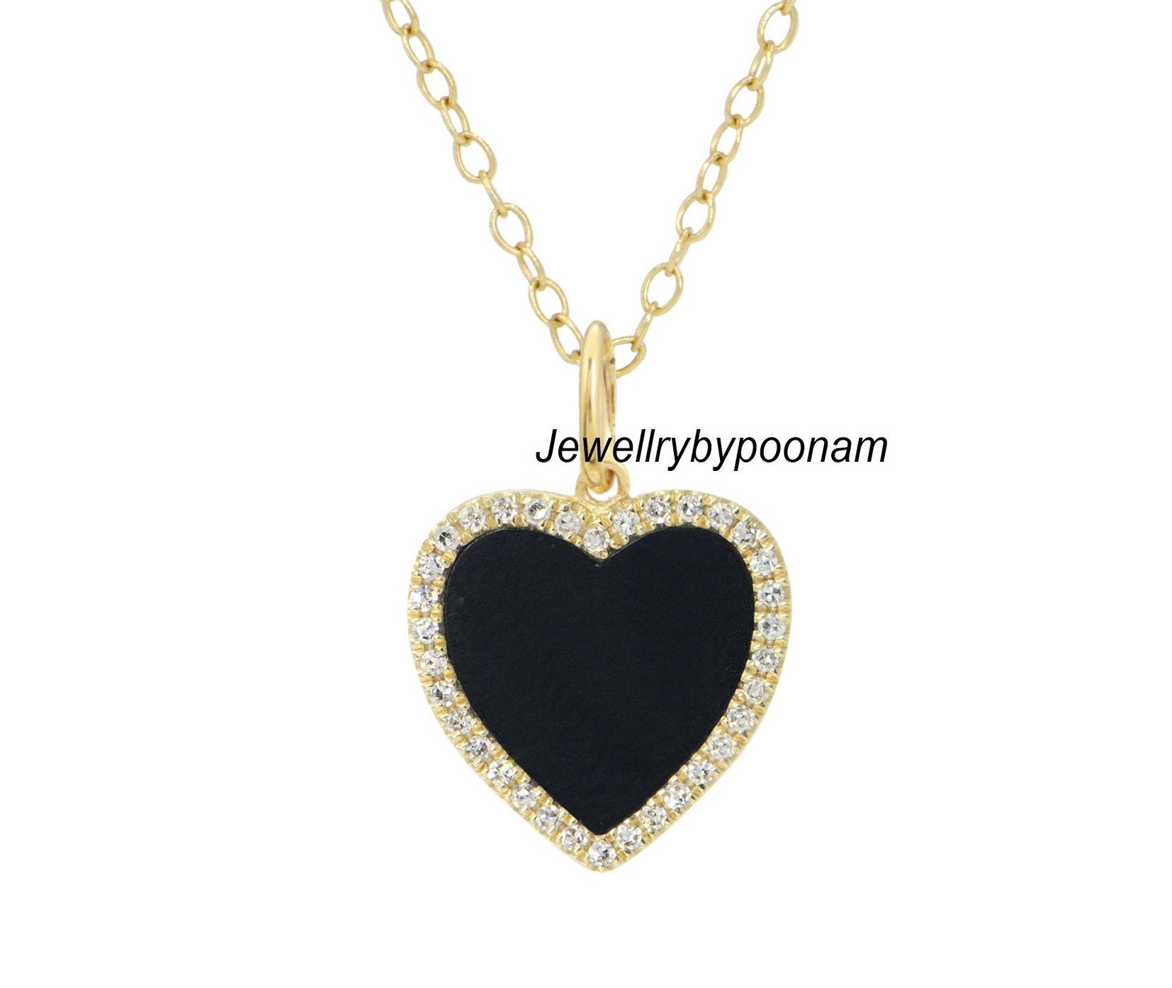 Sterling Silver Heart Pendant: Black Enamel, Pave Moissanite Diamond - Jewelry By Poonam | SKU: PJP-