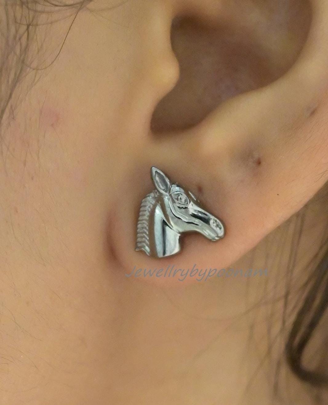 Dainty Horse Head Stud Earrings in 925 Sterling Silver โ Minimal Animal Jewelry - View 7 - Jewelry By Poonam | SKU: PJE1820-S