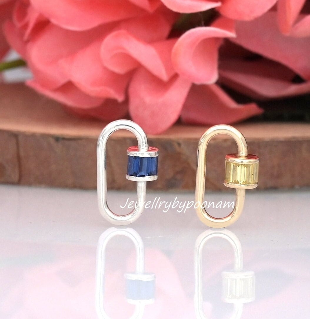 925 Sterling Silver Carabiner Lock with Baguette Sapphire Stones | Pave Carabiner Clasp | Charm Connector - Jewelry By Poonam